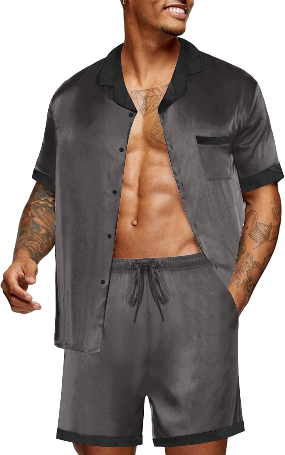 Ekouaer Men Satin Silk Pajamas Set with Pockets Sleepwear Shorts Satin Summer Loungewear 2 Piece Button Down Set S-3XL