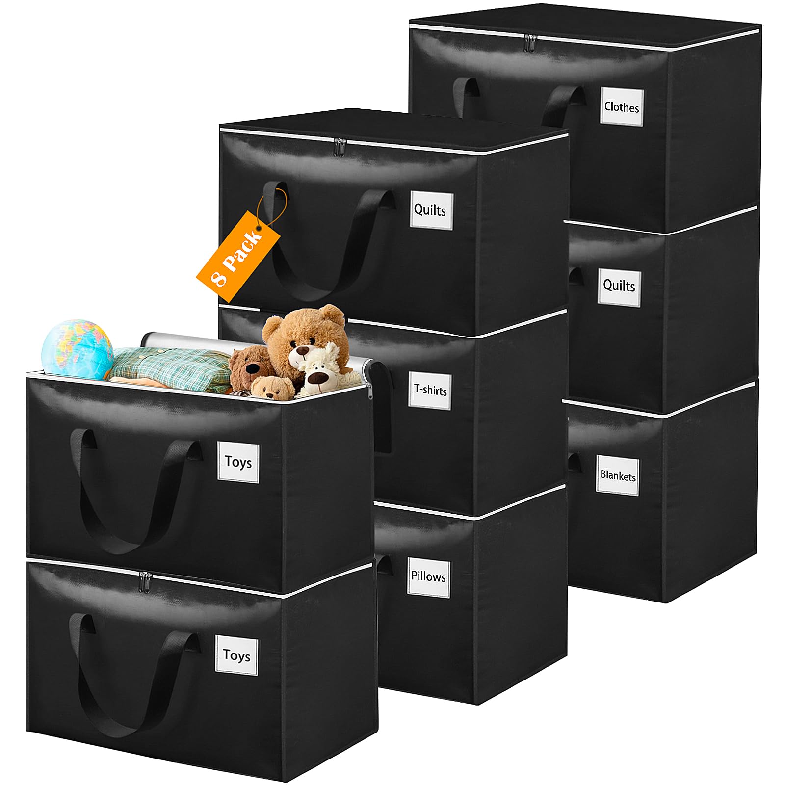 Withosent 100L Grande Bolsa de Almacenamiento, 8 Piezas Impermeable Bolsas de Mudanza con Cremallera y Asa, Bolsas para Guardar Ropa Edredones, Alternativa a las Cajas de Mudanza, Negro