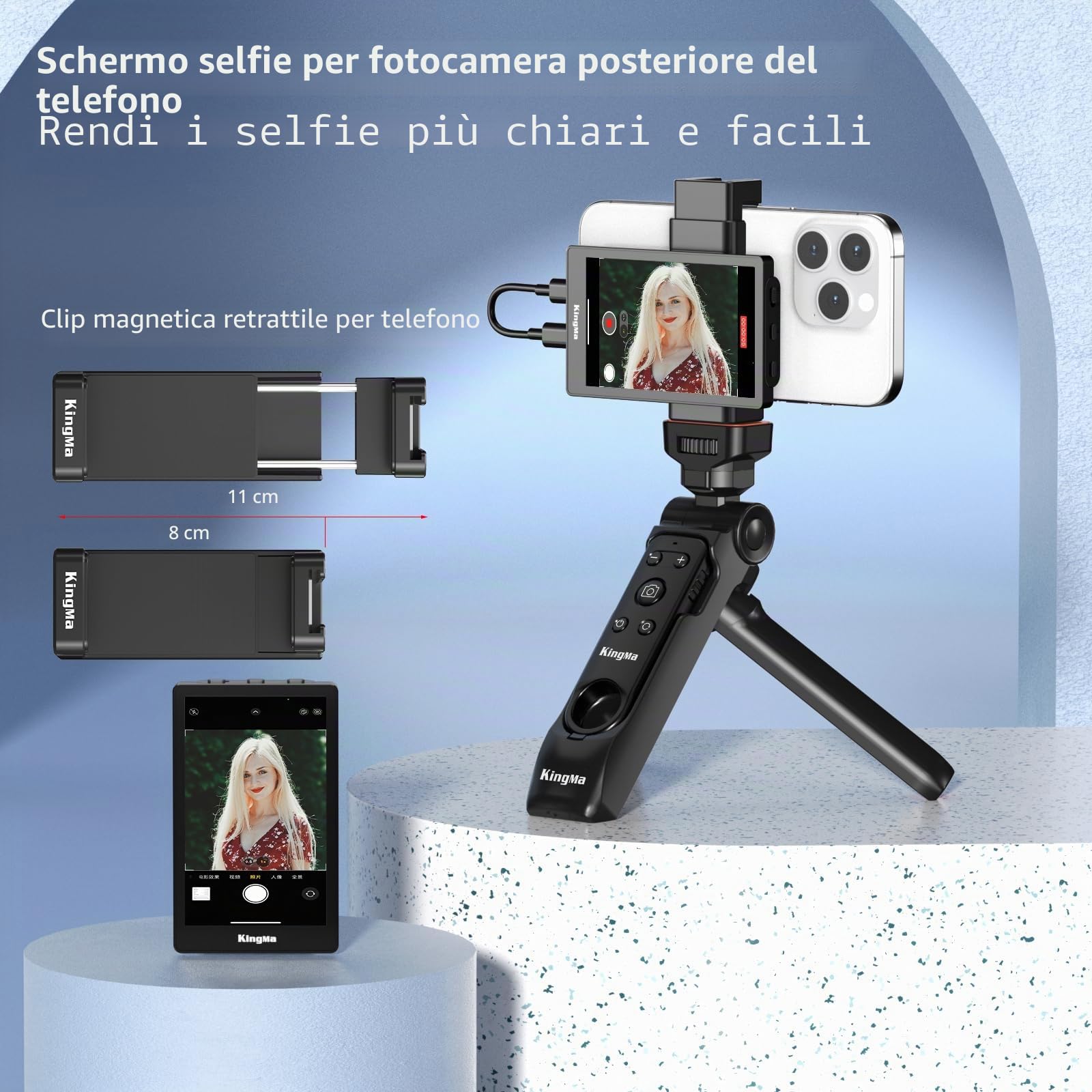 King Ma Schermo per selfie Vlog, monitor portatile per sincronizzazione iPhone, fotocamera posteriore con clip magnetica per telefono e telecomando Bluetooth per Vlog Live Stream TikTok, supporta la