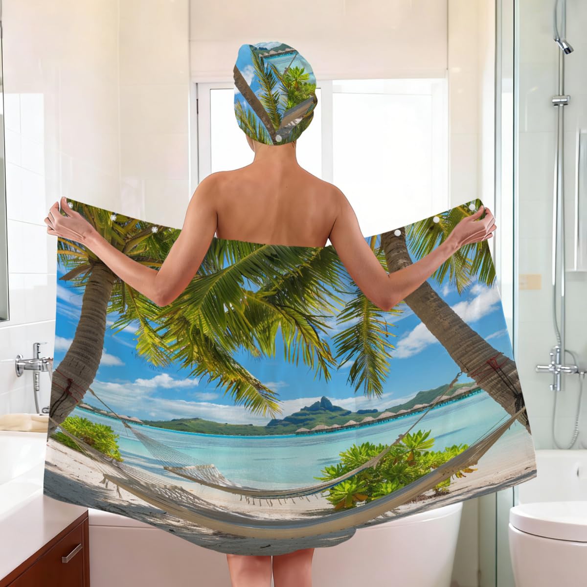 Mikrofaser-Duschtuch für Damen, mit Haar-Handtuch, Ozean, Strand, Palmen, tropische Insel, Meer, weiche Körperwickel, Kleid mit Haartrocknungskappe für Strand, Pool, Spa, 2 Sets