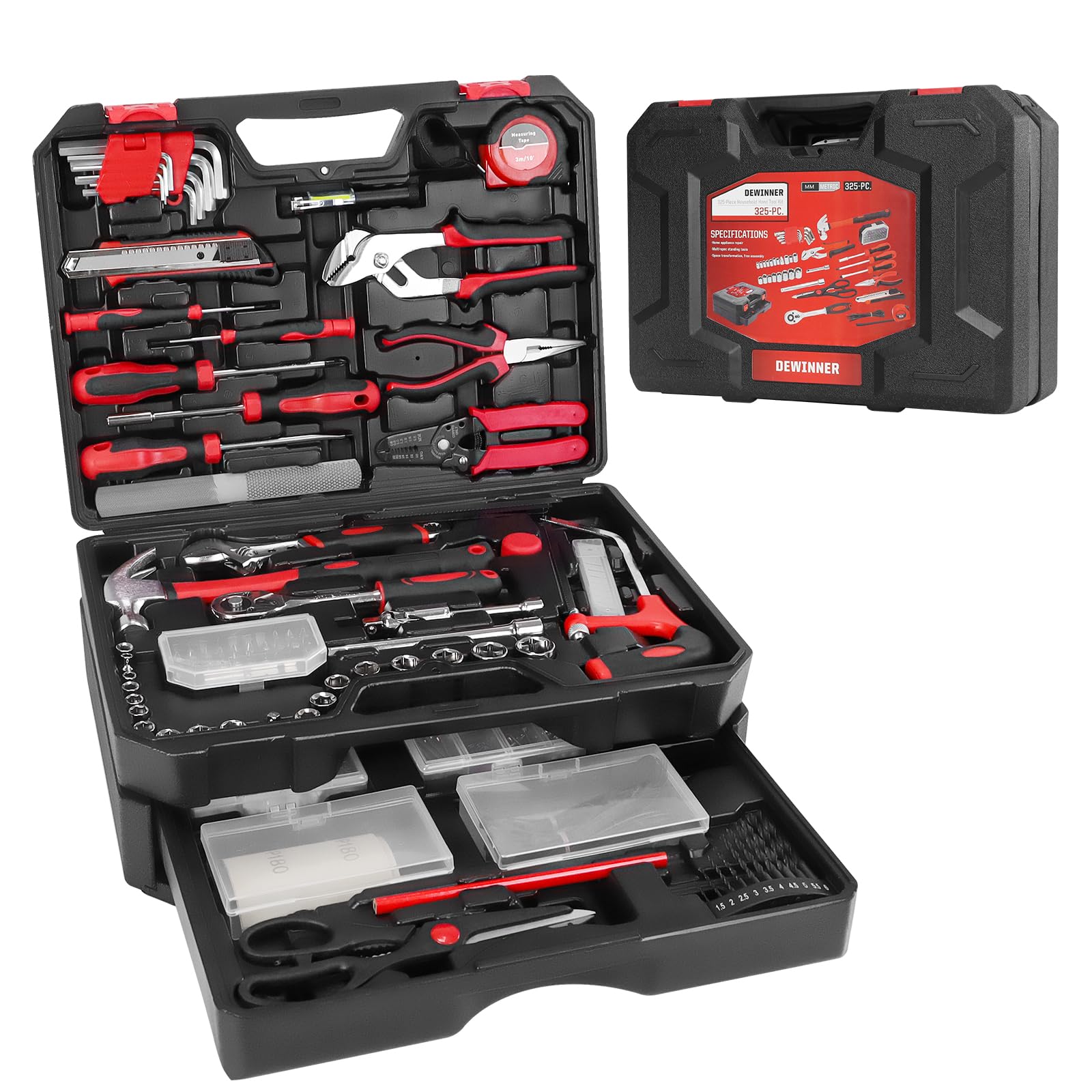 DEWINNER 325pcs Hand Tool Kits for Home, Household Tool Box with Tools Included, Portable Hand Tool Sets for Home Repair and Maintenance