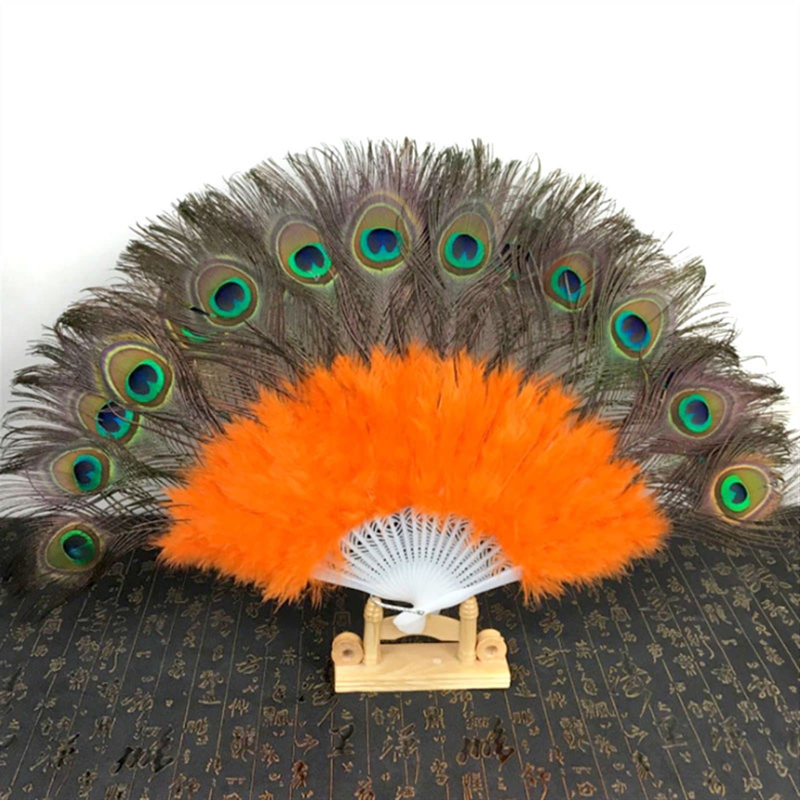 LKLNKVL folding fan, Folding Hand Fan - New Peacock Feather Foldable Dancing Bridal Wedding Party Props Supply Decorative Fans Woman Accessories(Orange)
