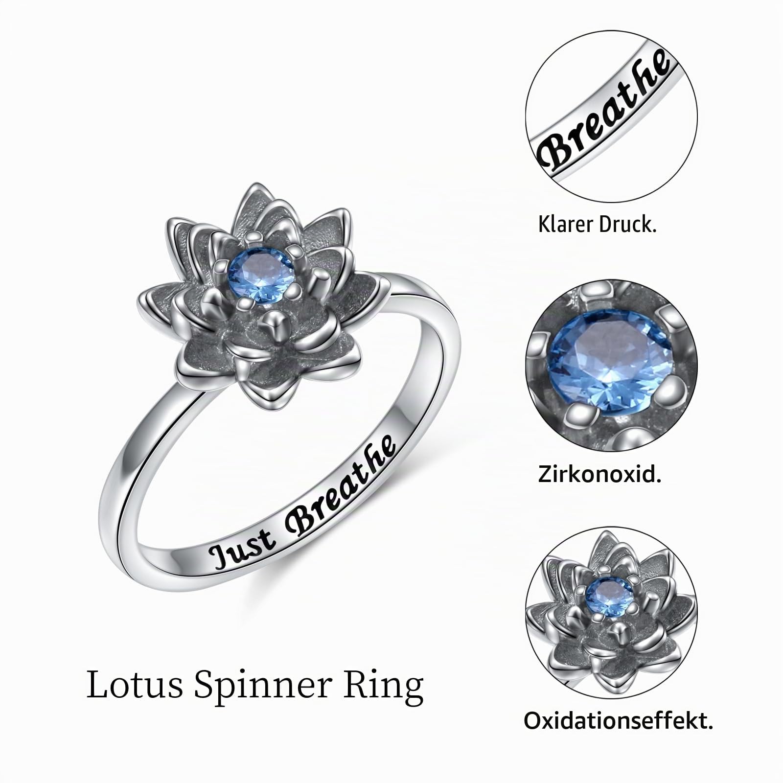 Flyow Just Breathe Lotus Spinner Ring für Damen 925 Sterling Silber Oxidation Blume Fidget Ringe für Angst Stress Relieving ADHD Autismus Ringe Yoga Geschenke Inspirational Band Ring