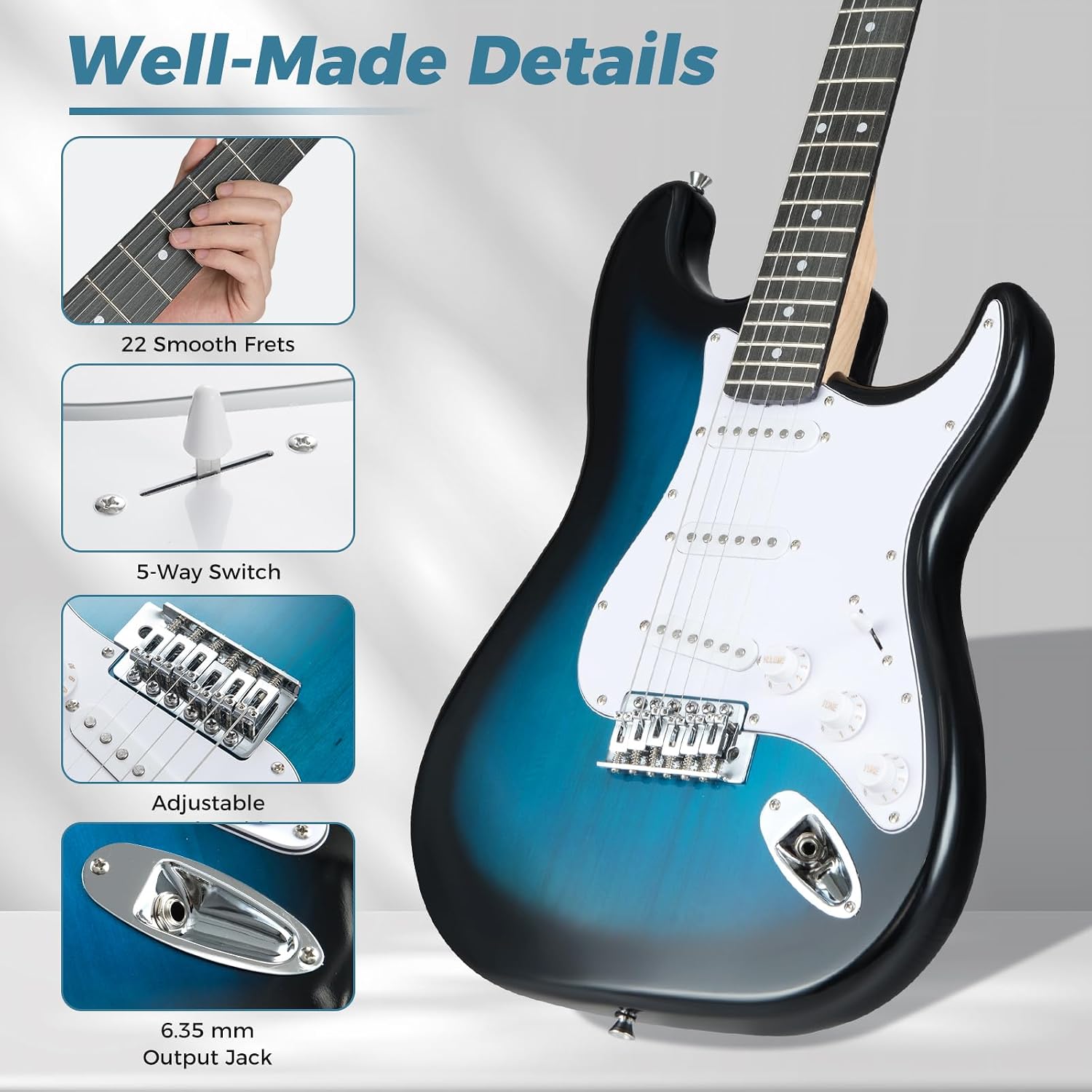 Costzon 6 String Electric Bass Guitar with AMP, 39” Full Size Beginner Bass Guitar Kit with SSS Pickups, Gig Bag, Strap, Digital Tuner, Capo, Picks & Cable for Starter (Blue)