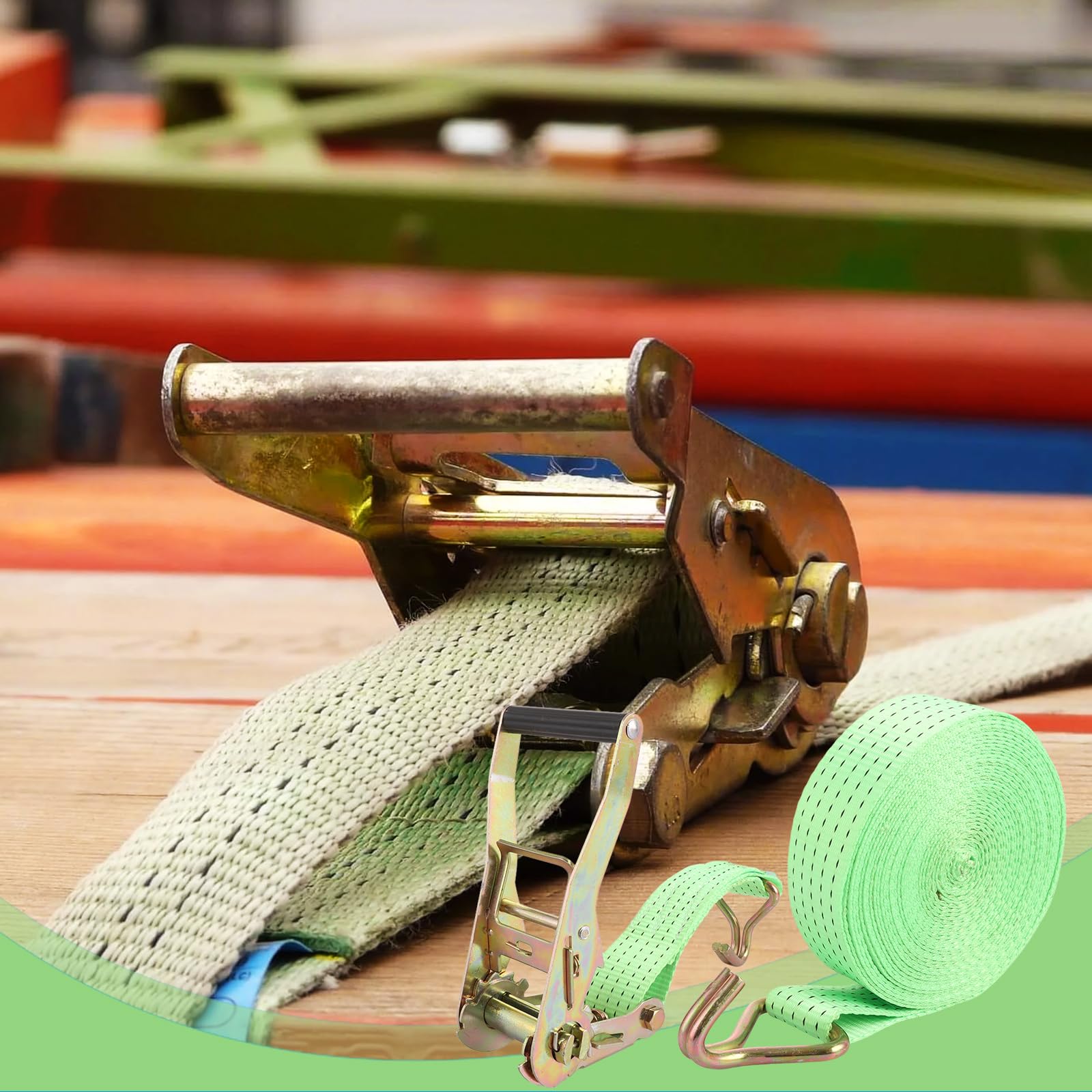 Set di 2 cinghie di fissaggio a cricchetto, 5 cm x 6 m, resistenza alla rottura, resistenti, cinghie di fissaggio con maniglia e gancio a J in metallo, per camion, auto, moto, colore verde