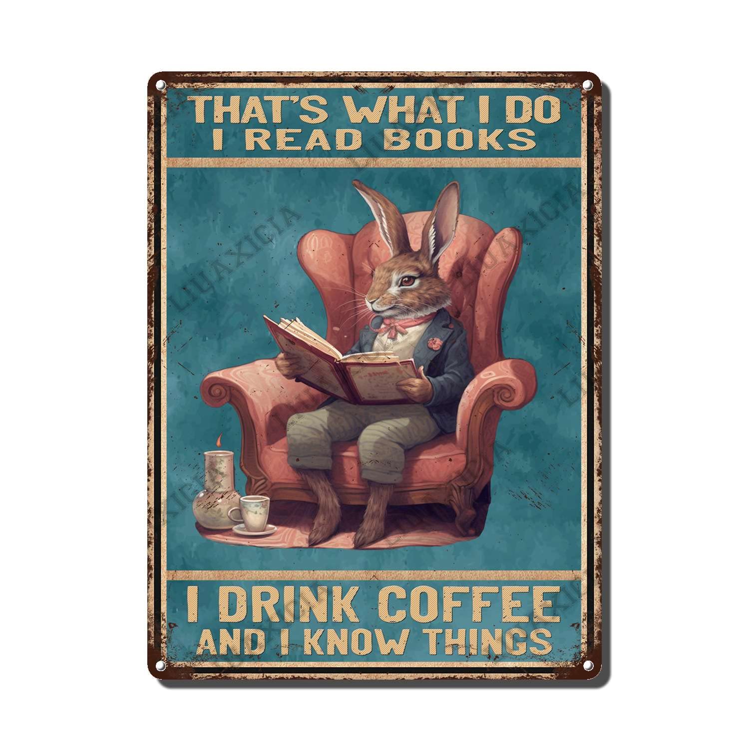 peiyeety Metal Tin Sign That's What I Do I Read Books Rabbit Vintage Decorative Wall Art,Retro Book Lover Rustic Plaque for Home Living Room Bedroom Library Office,12x16 Inch