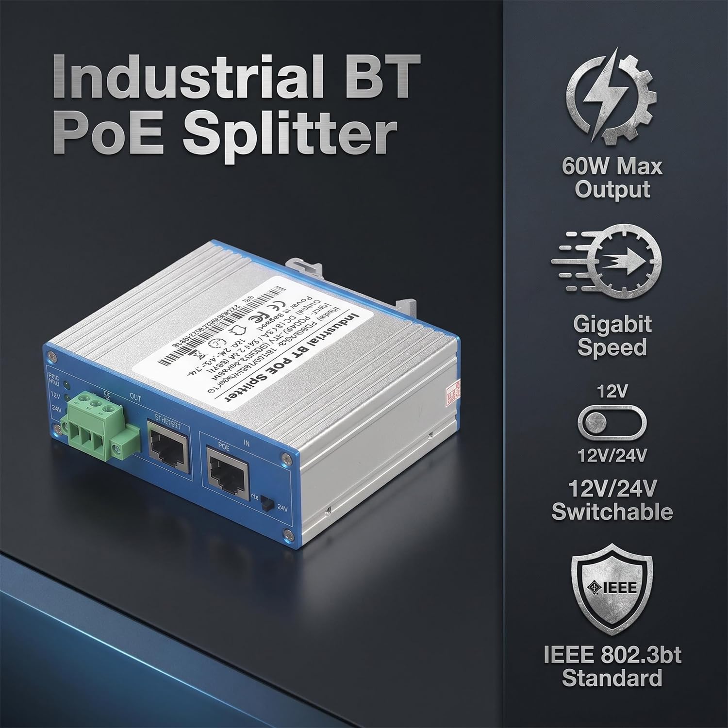 Industrieller 60 Watt Gigabit BT PoE Splitter auf DC 12V/24V Leistungsausgang, 10/100/1000Mbps IEEE802.3BT, für Nicht PoE Geräte bis zu 100 m, Plug and Play (PD6005G-B)