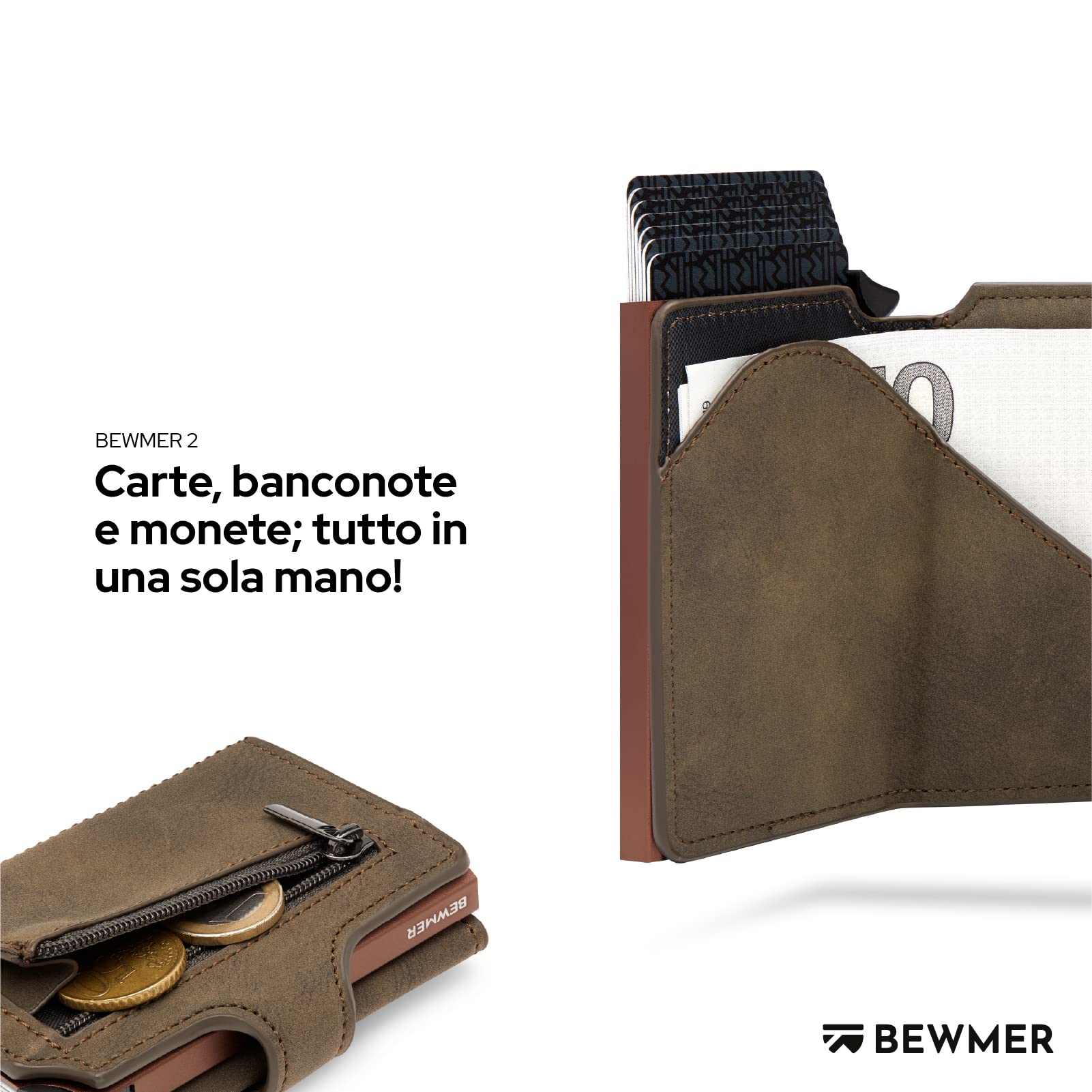 BEWMER v2 Portafoglio Uomo Slim In Similpelle Con Protezione RFID Anticlonazione – Porta Carte Di Credito Uomo E Donna Per 9 Tessere, Con Portamonete – Porta Tessere, Verde Oliva Marrone
