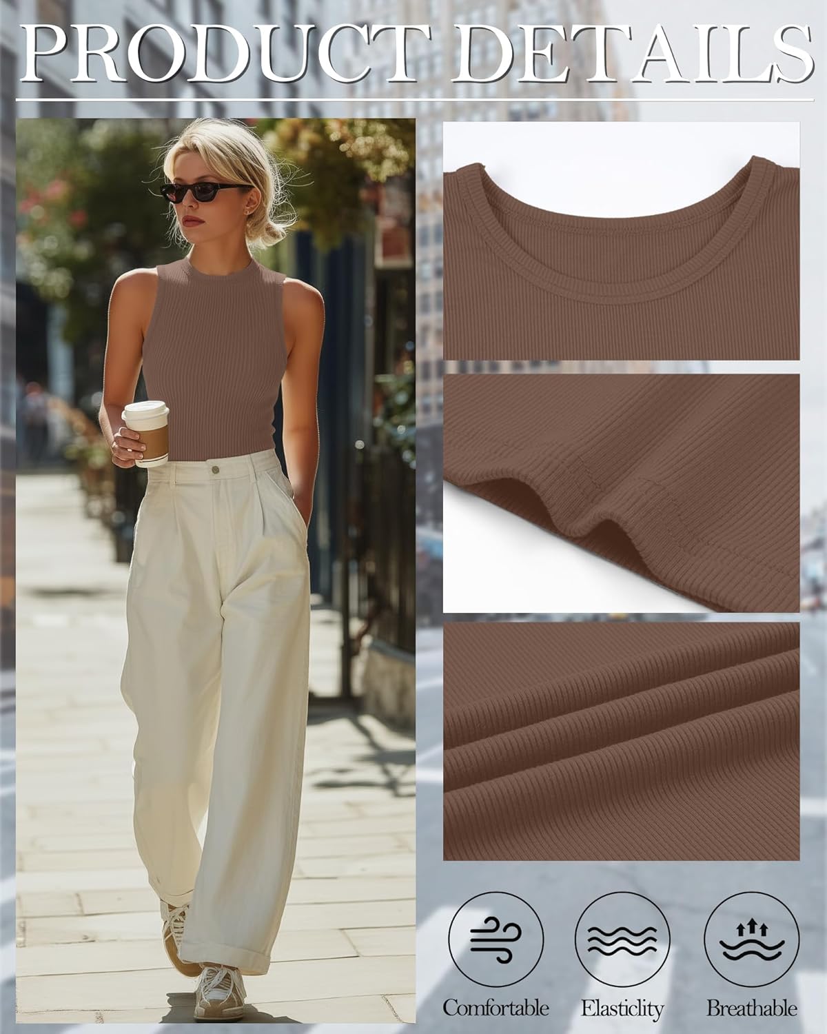 3 Pack Women's Ribbed Tank Tops Sleeveless Cotton Casual Knit Slim Shirts Crew Neck Summer Basic Tops - Image 5