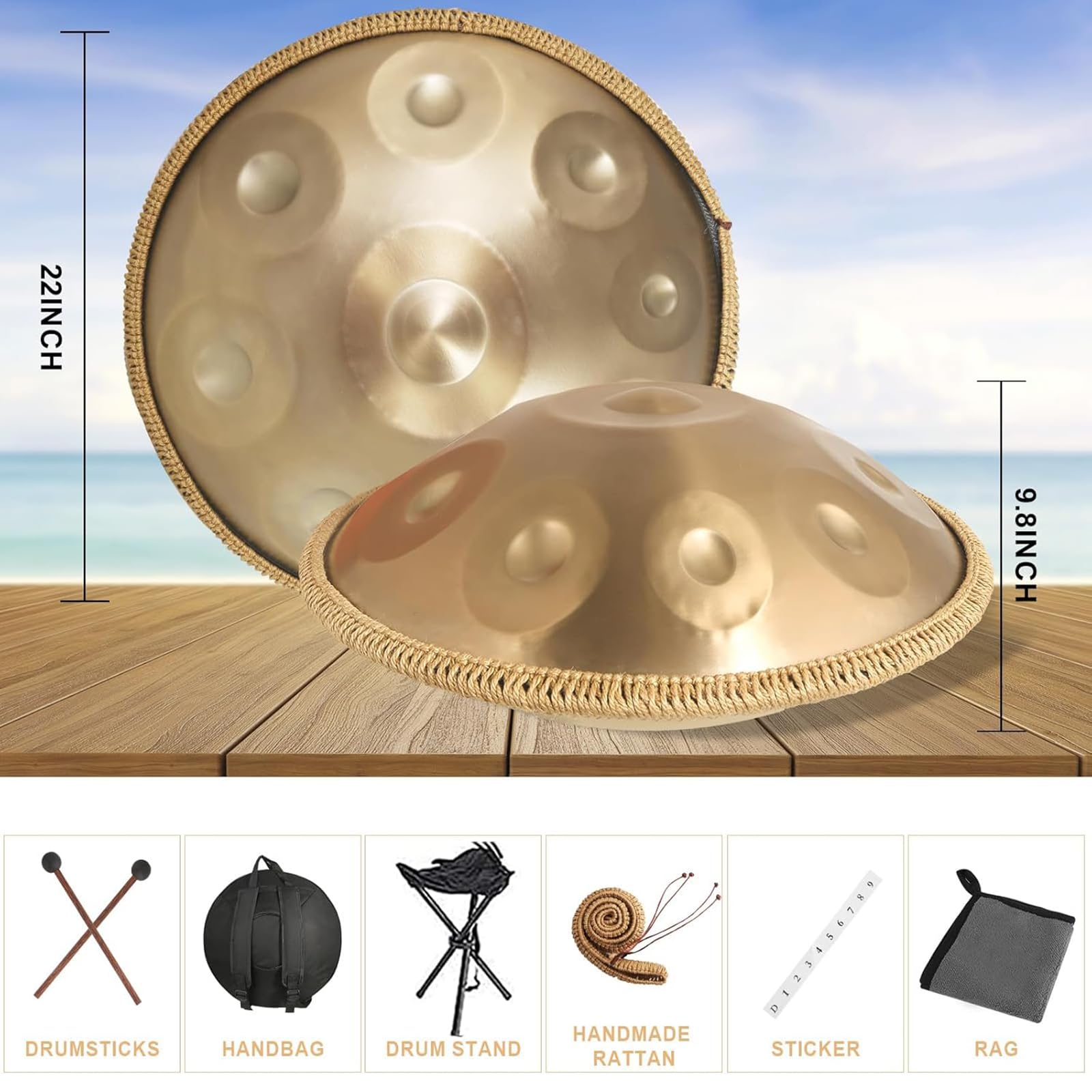 Handpan in re minore, Tamburo a Mano da 22 Pollici, 9 Note, 440 Hz, Tamburo a Lingua in Acciaio Dorato, per Meditazione Yoga con Bacchette da Borsa, Supporto per Batteria, Stracci, Adesivi