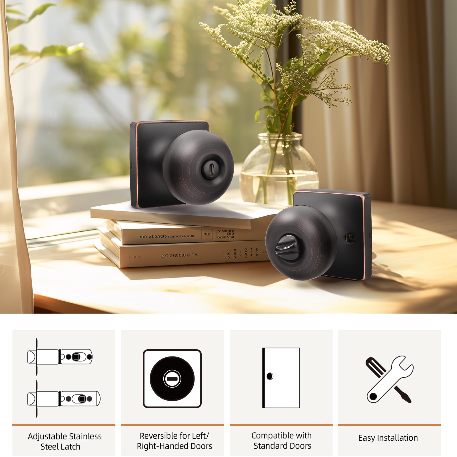 GOBEKOR Pack de 3 pomos de puerta de privacidad para interior de bronce aceitado sin llave, cuadrados, modernos pomos de puerta de acero inoxidable para dormitorio y baño