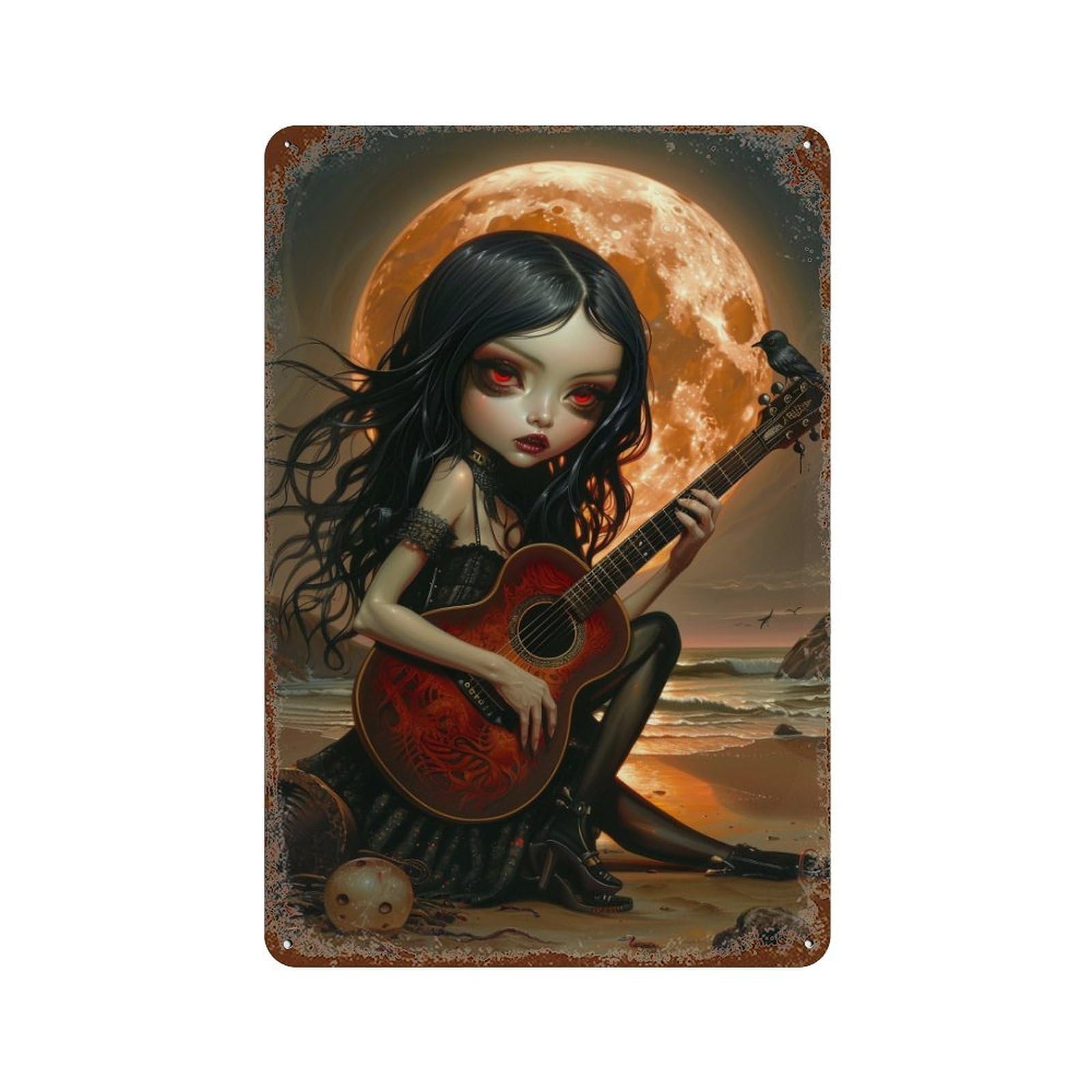 Weathered Tin Sign Gothic Moonlit Guitarist 11.8"x7.9", Novelty Wall Decor for Basement, Hobby Room And Garage Decor