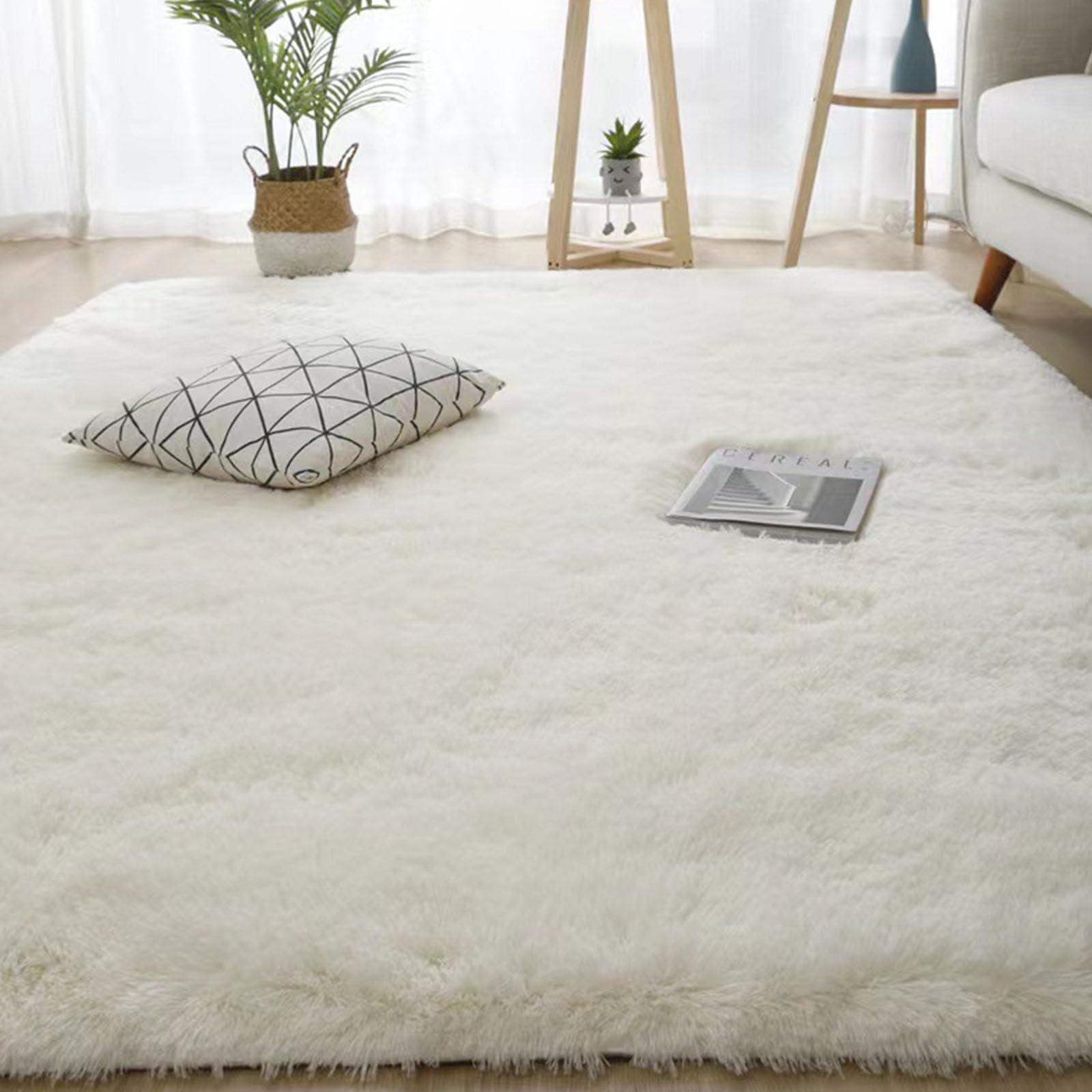 Alfombra grande y moderna de pelo largo, antideslizante, suave al tacto, de piel sintética, para salón, dormitorio, sofá, alfombra decorativa, color beige