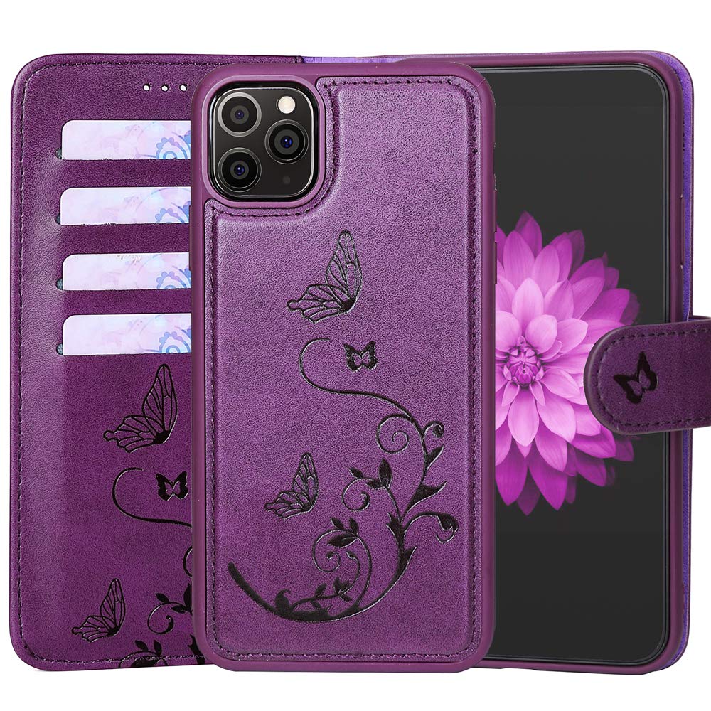 WaterFox iPhone 11 Pro Max Wallet Leather Case with 2 in 1 Detachable Cover, Women's RFID Blocking Case with 4 Card Slots & Wrist Strap Case - Purple