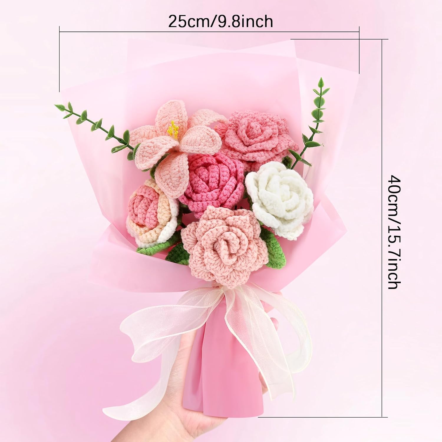 Marvogo Handmade Crochet Sunflowers Rose Daisy as a Gift for Lover, Family,Friends. Crochet Bouquet, Crocheted Yarn Flowers, Artificial Flower Finished Bouquet (Pink)