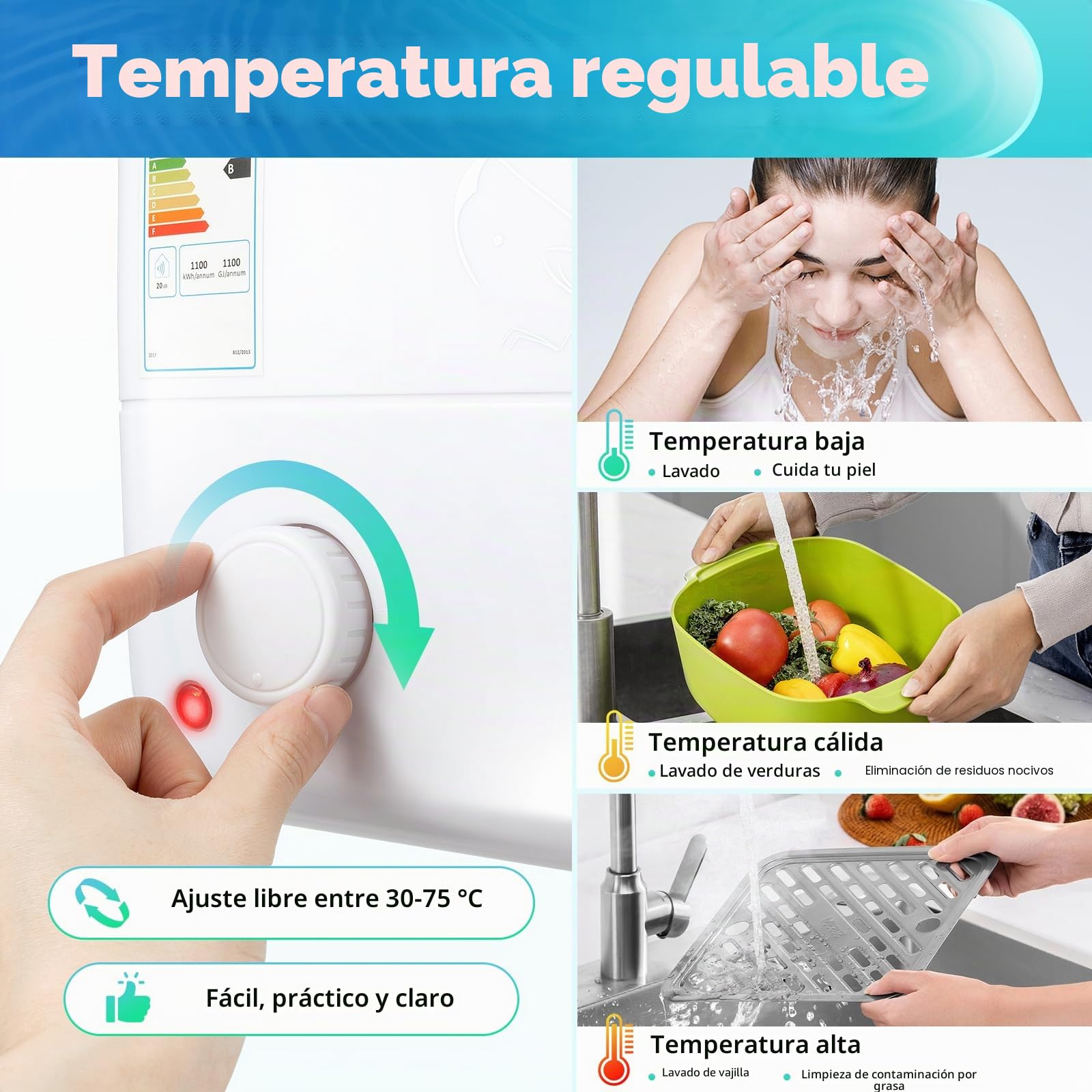 Calentador de agua de 5L, 30-75℃, bajo encimera listo para enchufar, calentador de agua pequeño portátil, para cocina, baño, ducha, escuelas
