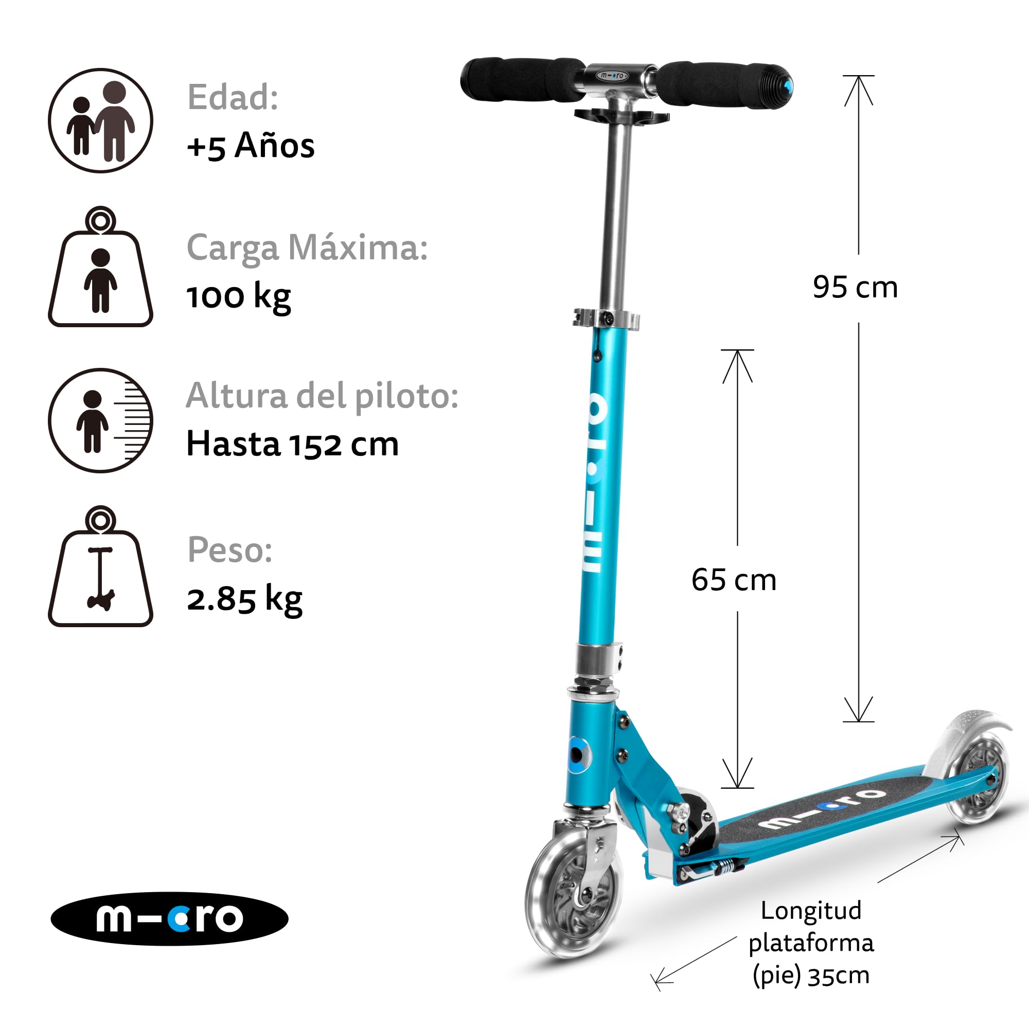 Micro® | Micro Sprite LED Scooter 2 Ruedas Niños | Patinete y Puños Plegables | Ruedas con iluminación LED | Ligero y Regulable en Altura | +5 Años | Niños y Niñas