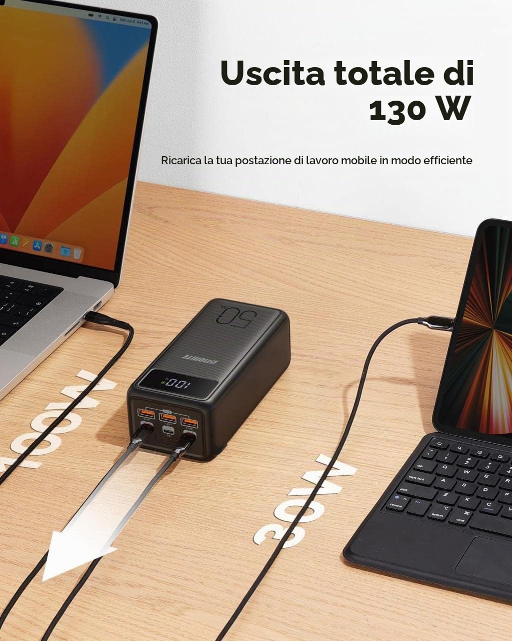 LITIONITE Raiden 130W / 56.000mAh Power Bank USB-C PD 3.0 100W per Notebook e MacBook - Batteria esterna con display per PC portatile, MateBook, Surface, Spectre, Smartphone, Tablet, Nintebdo Switch