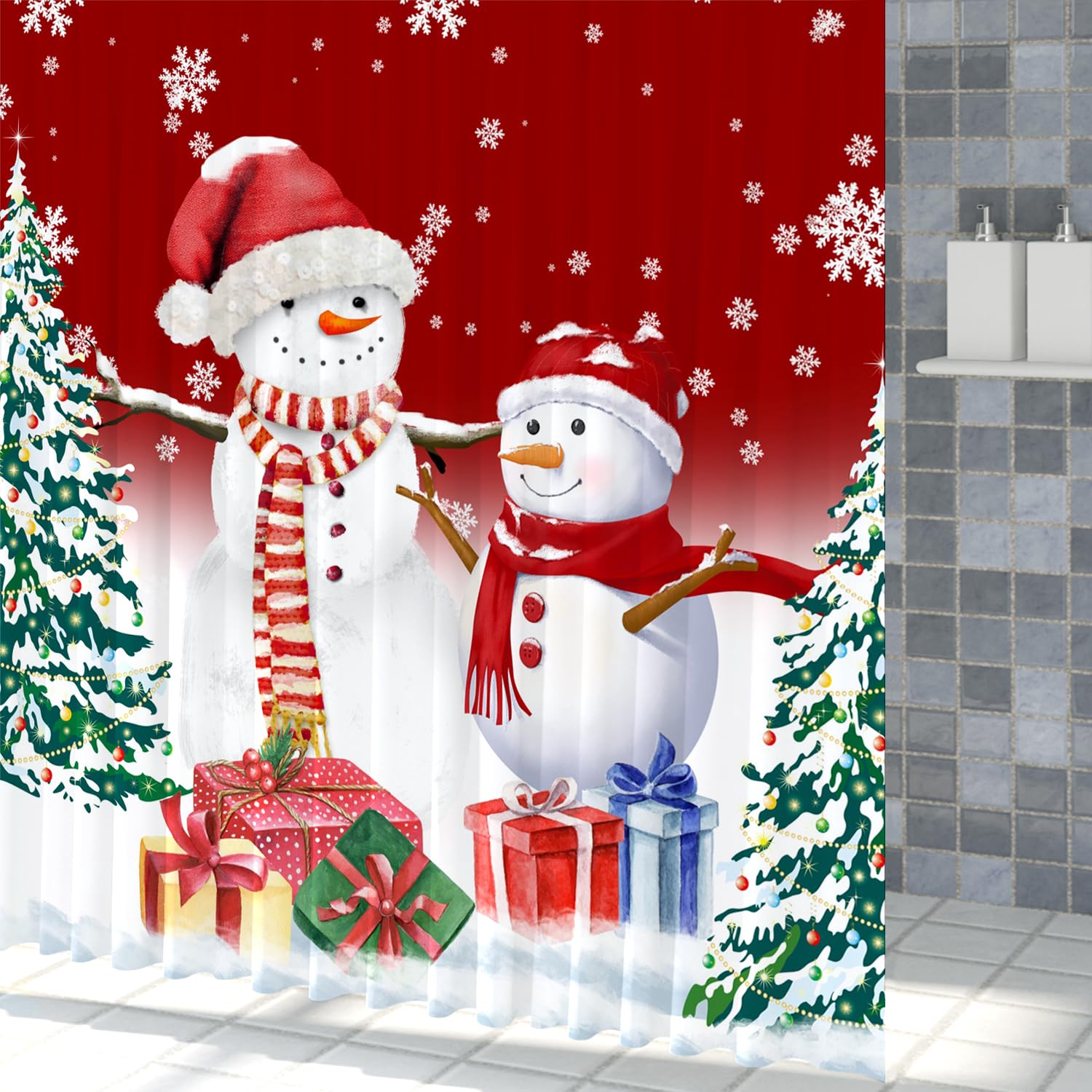 Weihnachtlicher Duschvorhang Mit Schneemann-Motiv – Rot, 183 X 183 Cm, Wasserabweisend, Inkl. 12 Haken