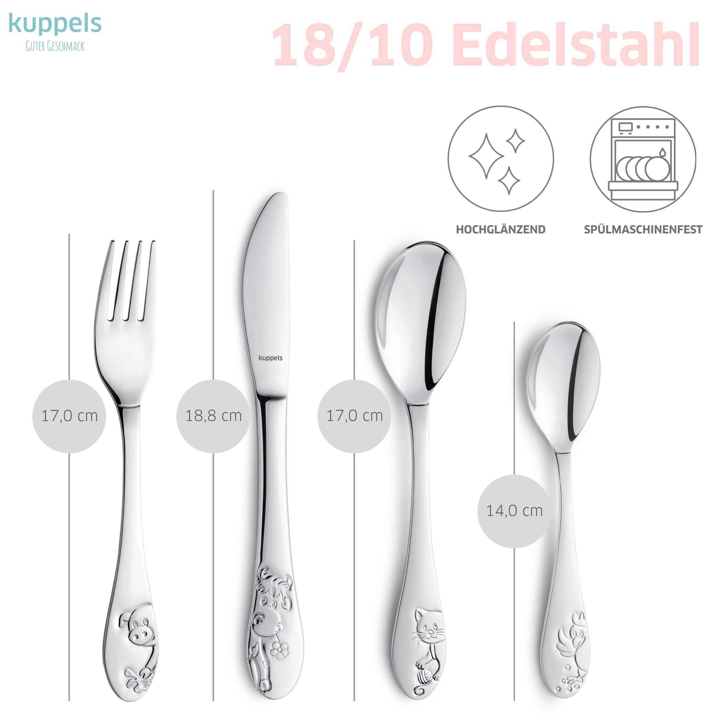 Kuppels Kinderbesteck 4-tlg, Bauernhoftier-Prägung, Edelstahl, ab 4 Jahre | Ergonomische Griffe, spülmaschinenfest, lebensmittelecht und rostfrei, inklusive hochwertiger Geschenkverpackung