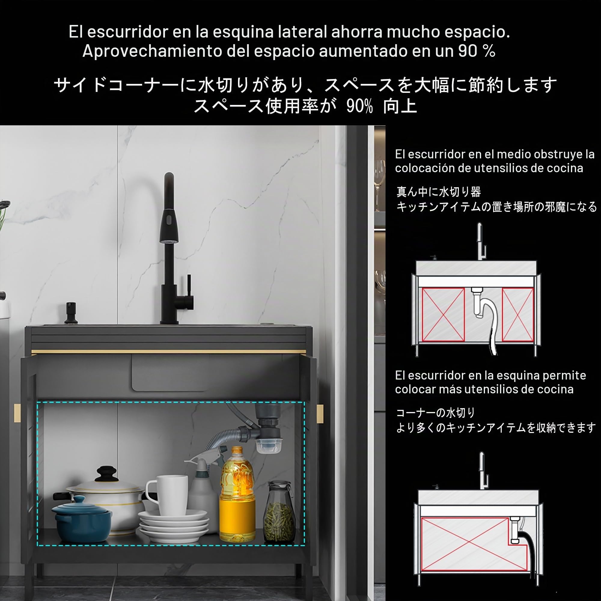Mueble Fregadero Cocina 1 Seno con Escurridor y Fregadero Exterior Jardín de Acero Inoxidable por Modulos con Bajo Grifo Extraíble y Accesorios para Garaje