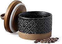 Miamolo Mini 5oz Ceramic Coffee Canister with Airtight Wooden Lid - Black Spice Sugar Jar for Kitchen Countertop Storage