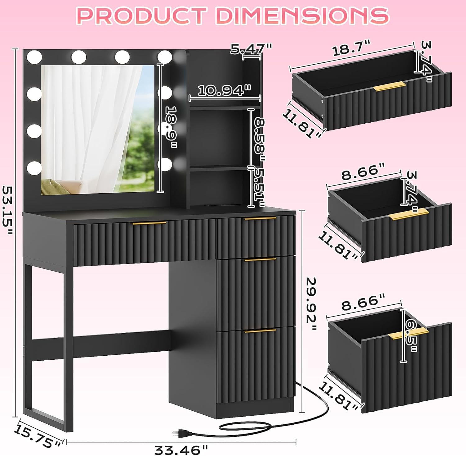 VINGLI 34in Fluted Makeup Vanity Desk with Mirror & Lights & Power Outlet, Small Vanity Table w/ 4 Drawers & 2 Storage Shelves,Black Modern Dressing Table Set Charging Station for Bedroom