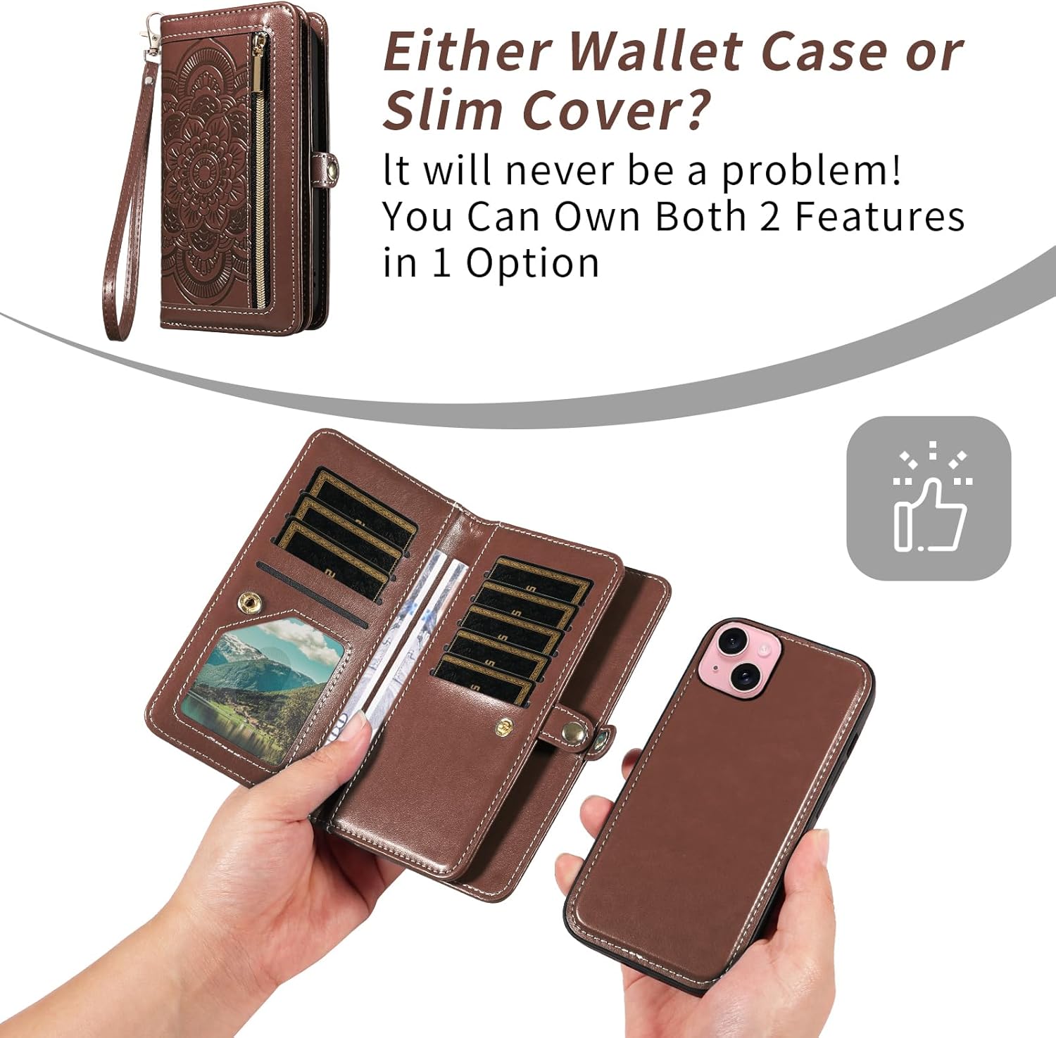 Asuwish Phone Case for iPhone 15 6.1 inch Zipper Wallet Detachable Cell Cover with Tempered Glass Screen Protector Crossbody Wrist Strap Mandala Flower Card Holder i Phone15 i15 15Case Women Men Brown