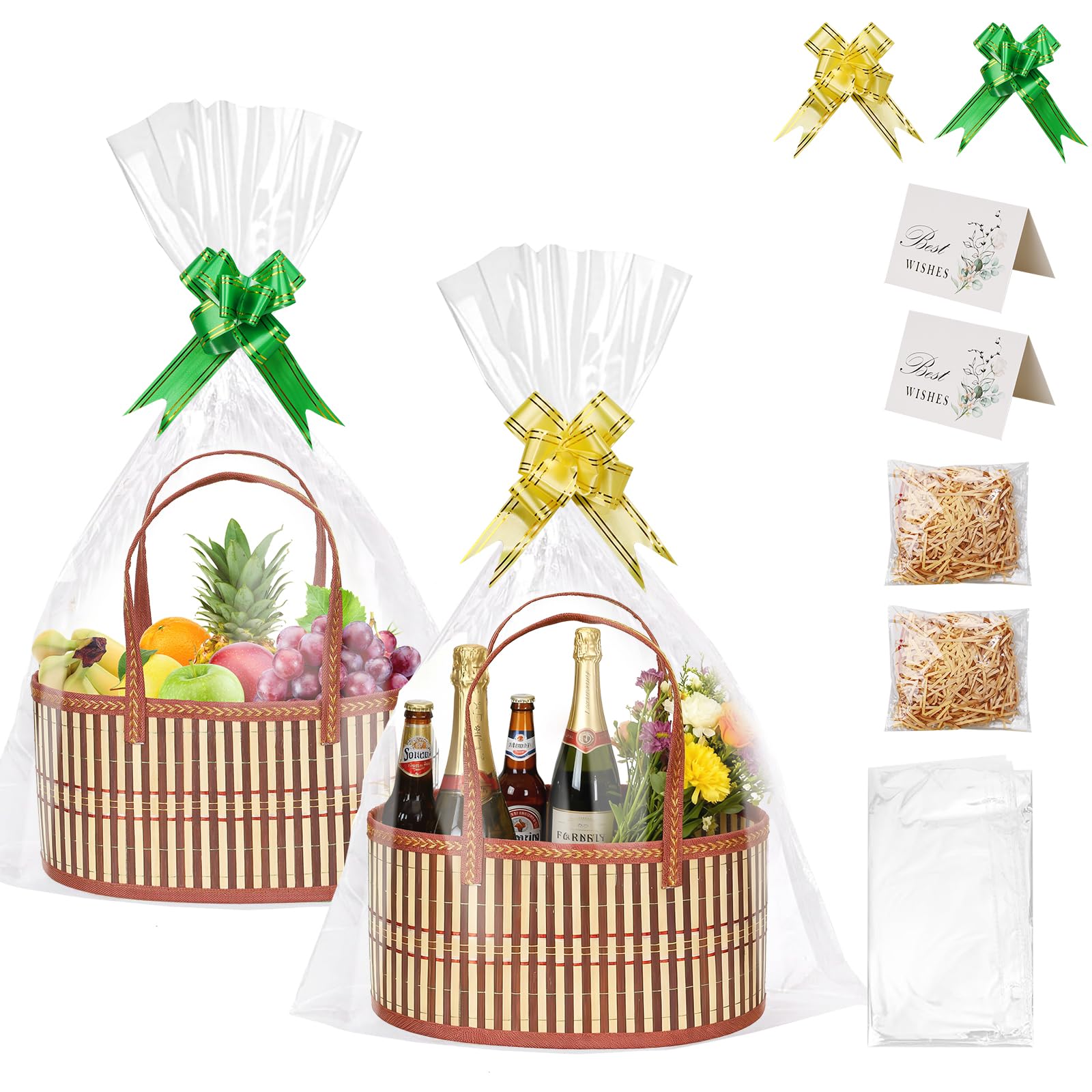2 Pcs Empty Hamper Basket Gift Baskets Box DIY Gift Hamper Sets with 2 Bags,2 Bows,2 Greeting Card Shredded Paper for Birthday,Easter, Christmas Presents, Graduations, Wedding, Gift Kit -2 Brown