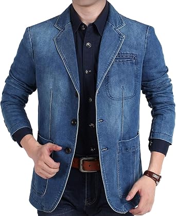 Flygo Men & # 39؛ s عارضة 3 أزرار Denim Blazer Slim Lapel Washed Denim Suit Jacket