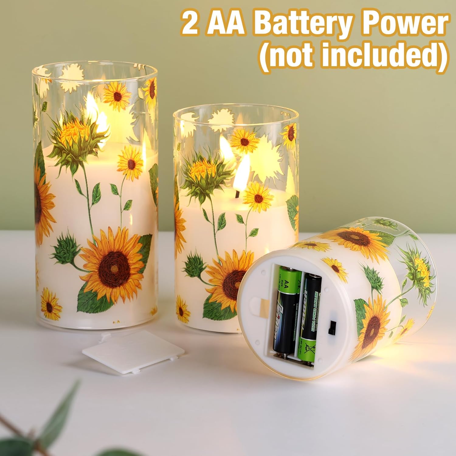 Eywamage Sunflower Glass Flameless Candles with Remote, Flickering Battery LED Pillar Candles Spring Home Table Decor Set of 3