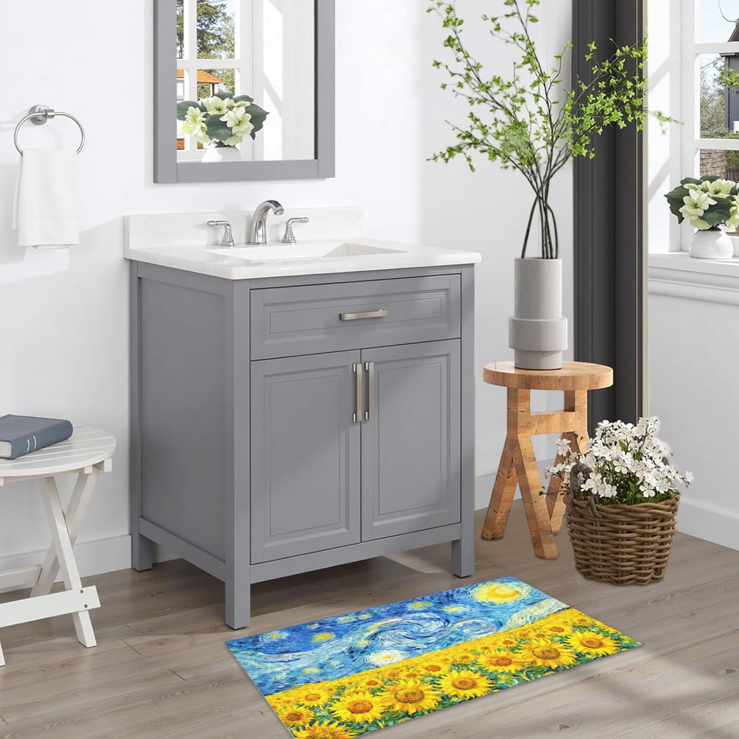 Van Gogh Starry Night Bath Rug Sunflower Bath Mat Oil Painting Art Doormat Non Slip Absorbent Bathroom Carpet 20x32 Inch for Bathroom Entryway Living Room
