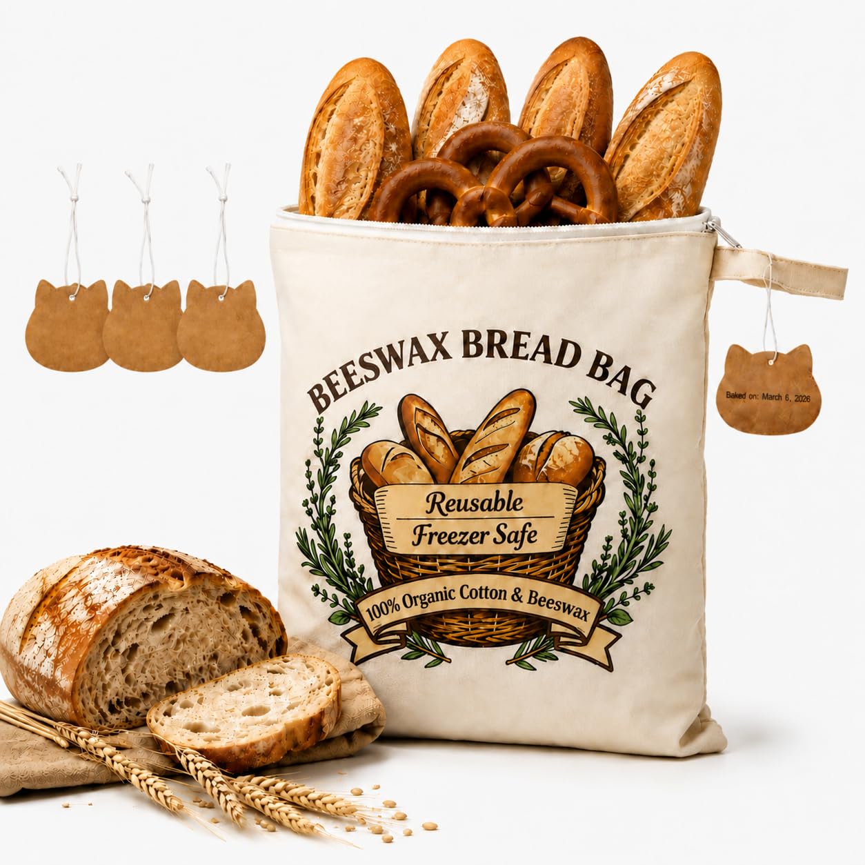 Beeswax Bread Bag, 43x33cm Beeswax-Lined Cotton Bread Storage Bags