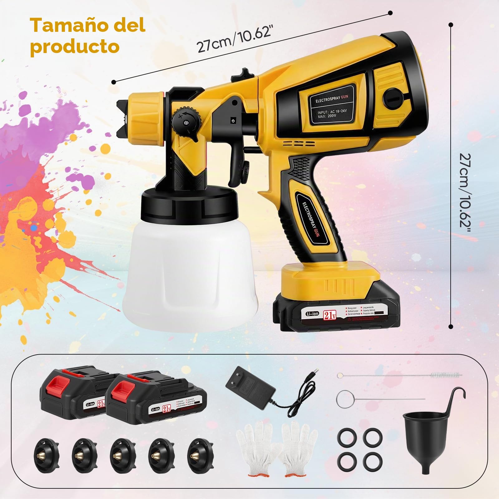Pistola Pintura Bateria, Pistola Pintura con Batería de 21 V, Pulverizador de Pintura con 3 Patrones de rociado, HVLP Pistola con 2 Baterías de 3000 mAh y Ccargador para Cercas, Paredes, Techos