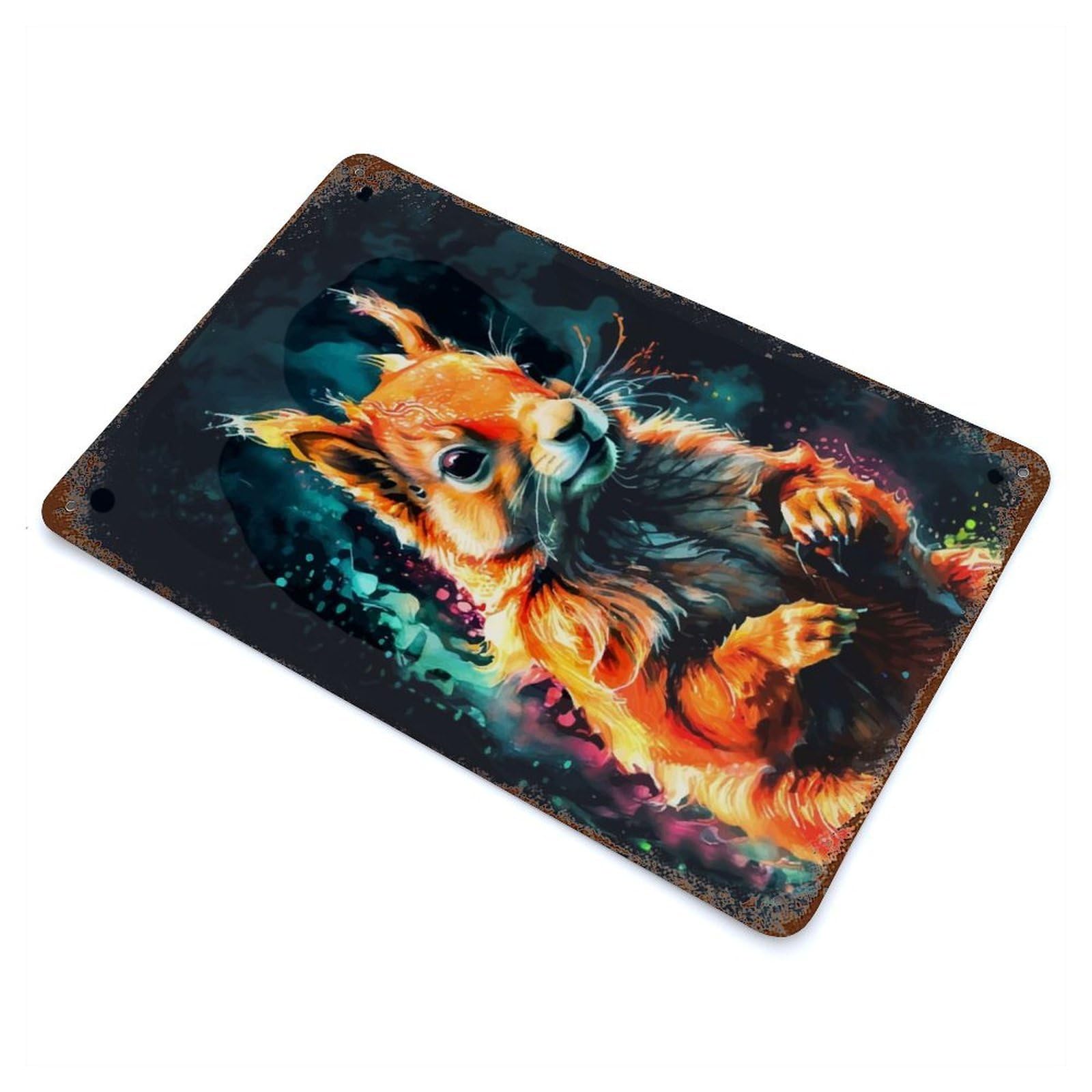 Vintage Rust Metal Sign Red Squirrel Watercolor Art 11.8"x7.9", Novelty Wall Decor for Garage, Bar And Workshop Decor