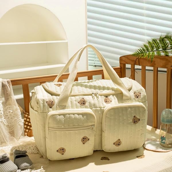 Babys Diaper Bag Tote, Cute Bear Quilted Travel Diaper Tote, Spacious Nappy Pouch, Sturdy Bag For Travel, Shopping & Outdoor Adventures, Compact Organizer For Modern Parents - 3