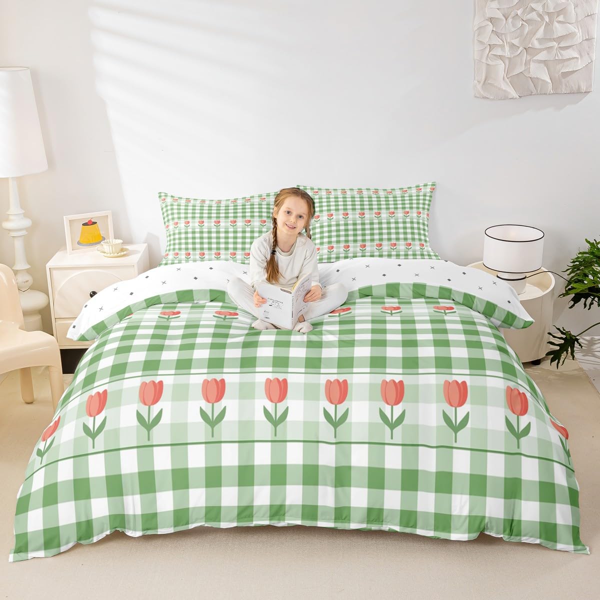 Parure de lit tulipes vertes avec housse de couette et 2 taies d'oreiller pour chambre