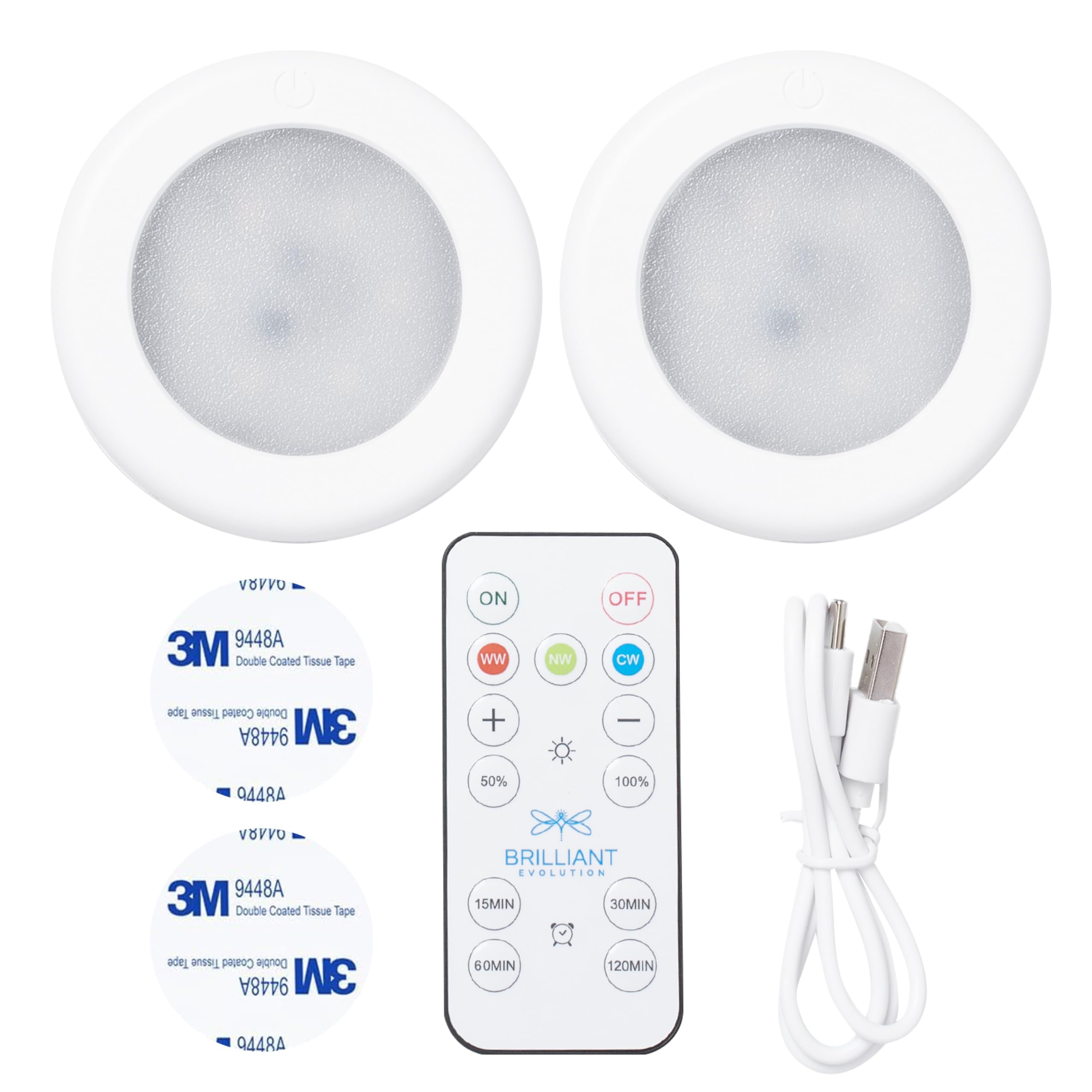 Brilliant Evolution Rechargeable Puck Lights - Dimmable LED Push Lights with Remote - Furniture Safe Adhesive Included - 3000K Warm White/6000K Cool White - 3.1x0.7 in - Battery Powered - 2 Pack