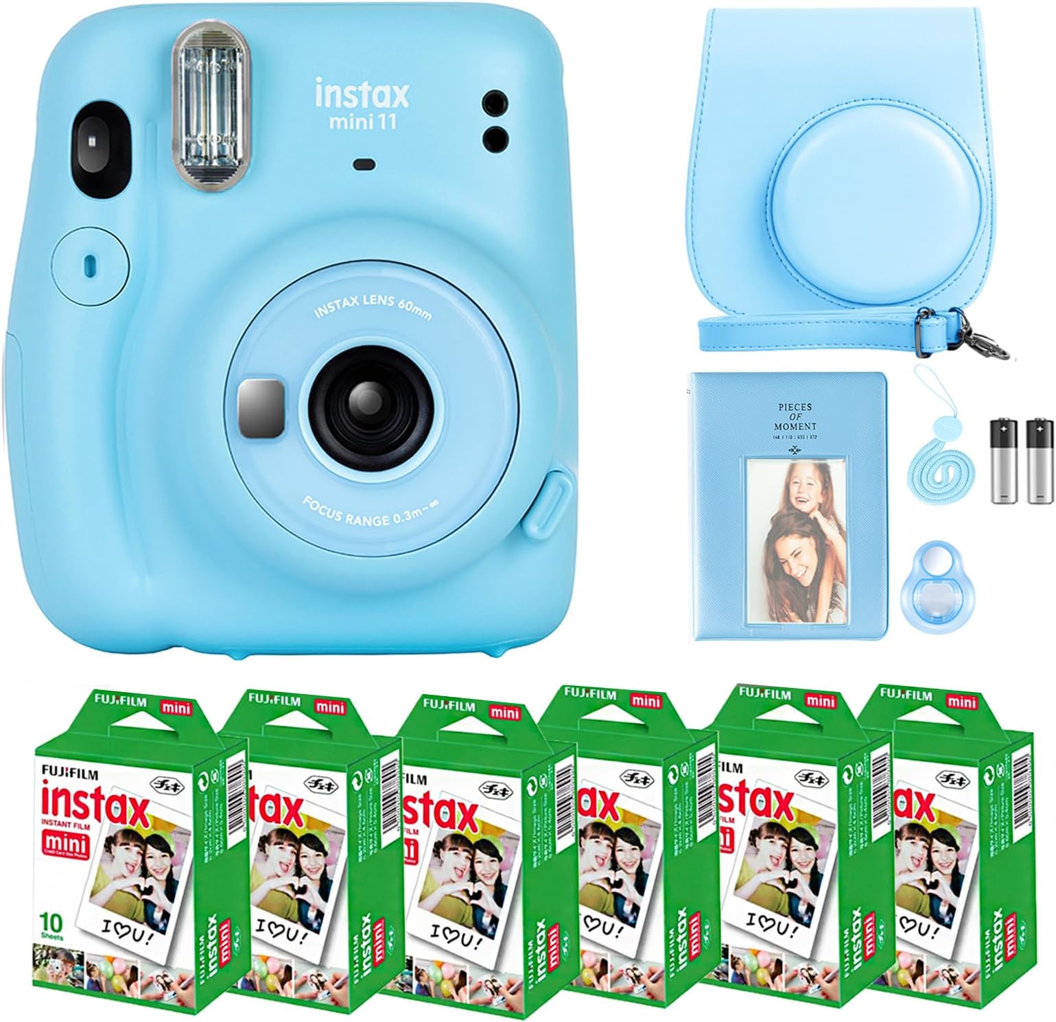 Fujifilm Instax Mini 11 Camera with Fujifilm Instant Mini Film (60 Sheets) #1 Accessory Set Including Carrying Case, Selfie Lens, Photo Album and Stickers (Sky Blue)