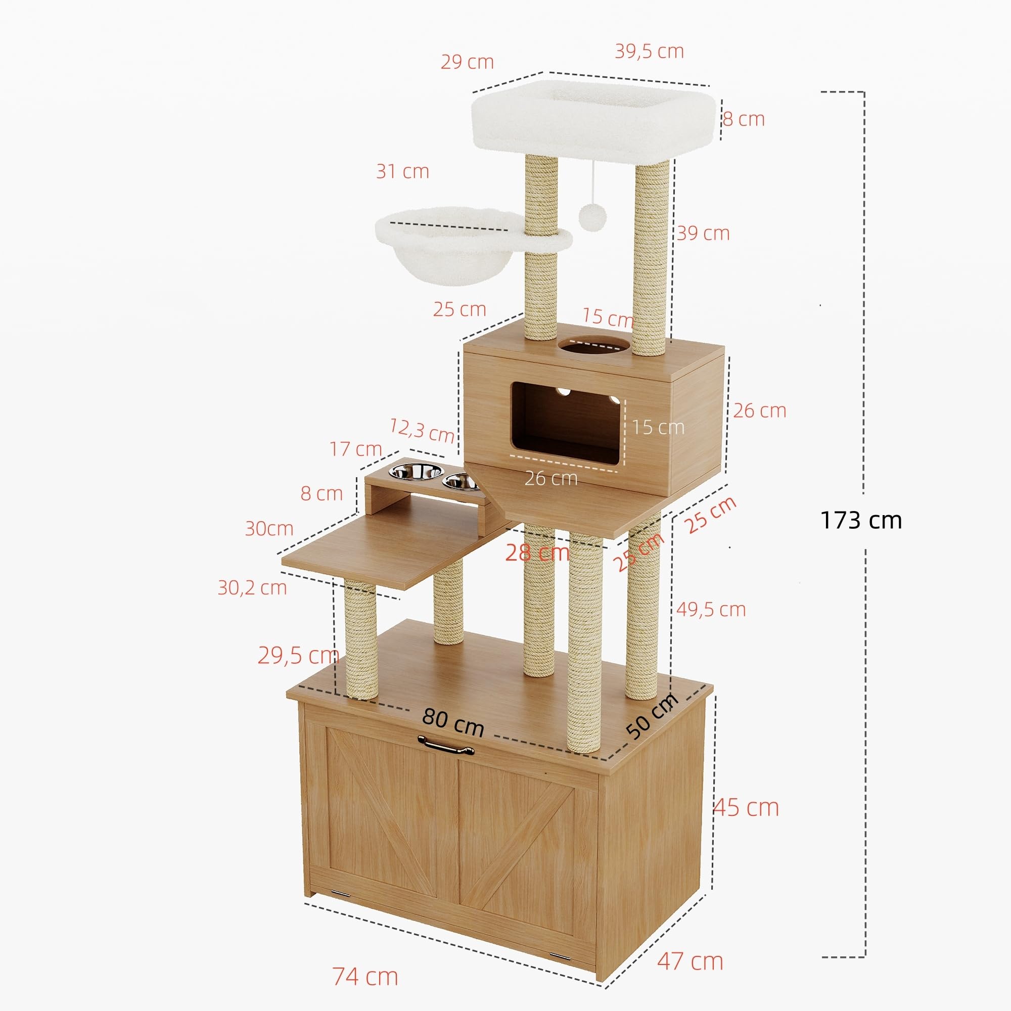 Tiragraffi alto 173 cm, cuccia per gatti con grande piattaforma, mangiatoia, 1 amaca e armadietto per gatti (senza lettiera), albero tiragraffi per gatti grandi e gattini, legno naturale
