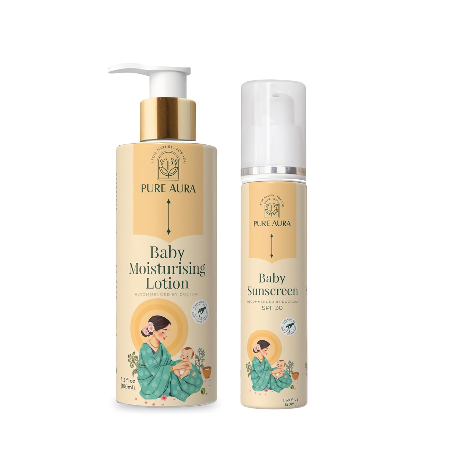 Pure Aura Baby's Sunshine Shield Duo, Ayurvedic Sunscreen SPF 30 and Baby Lotion, Natural Sun Protection for Delicate Skin