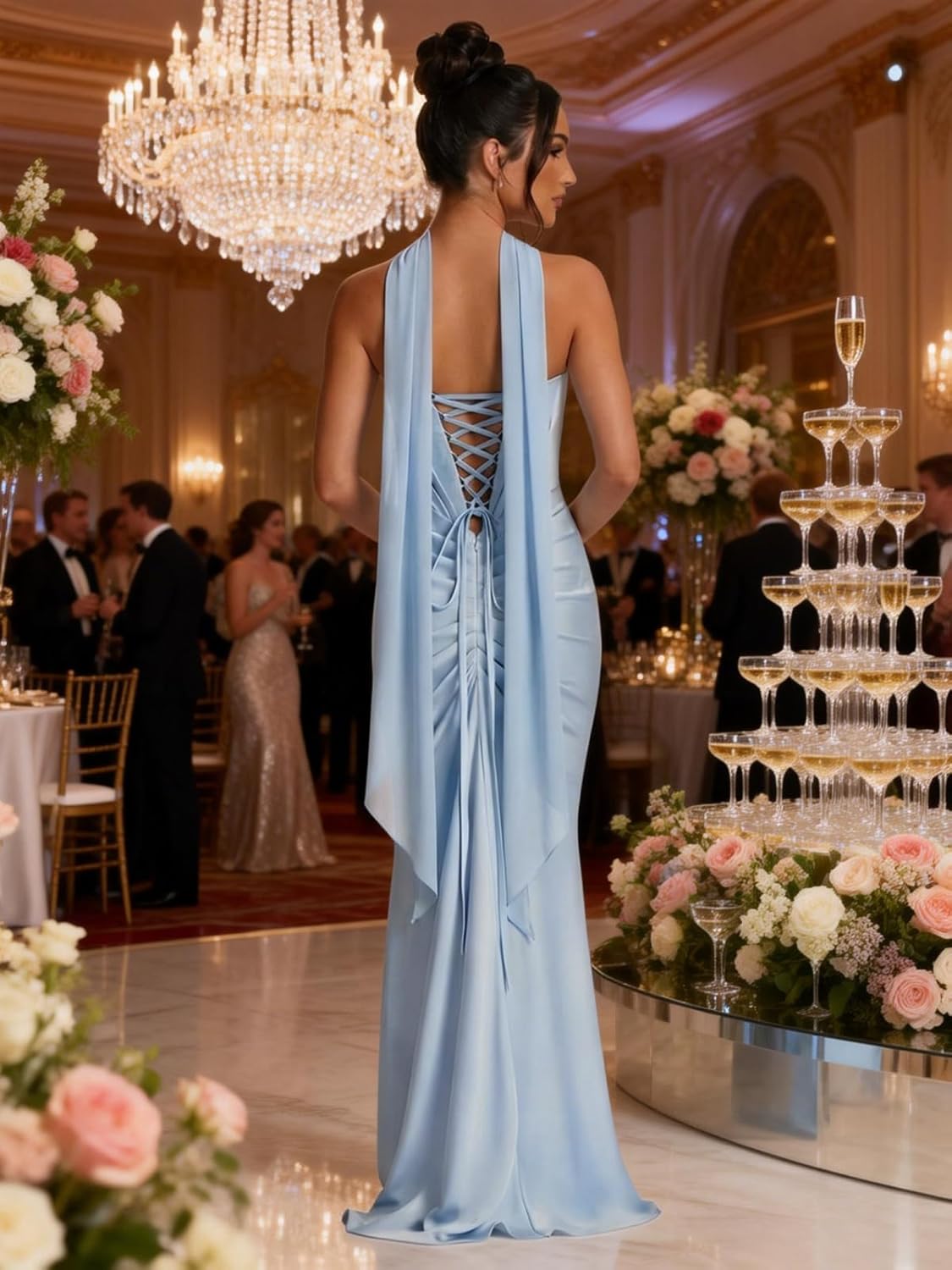 Women's Strapless Satin Prom Dresses with Tie Scarf 2026 Long Pleated Mermaid Formal Evening Gowns - Image 2