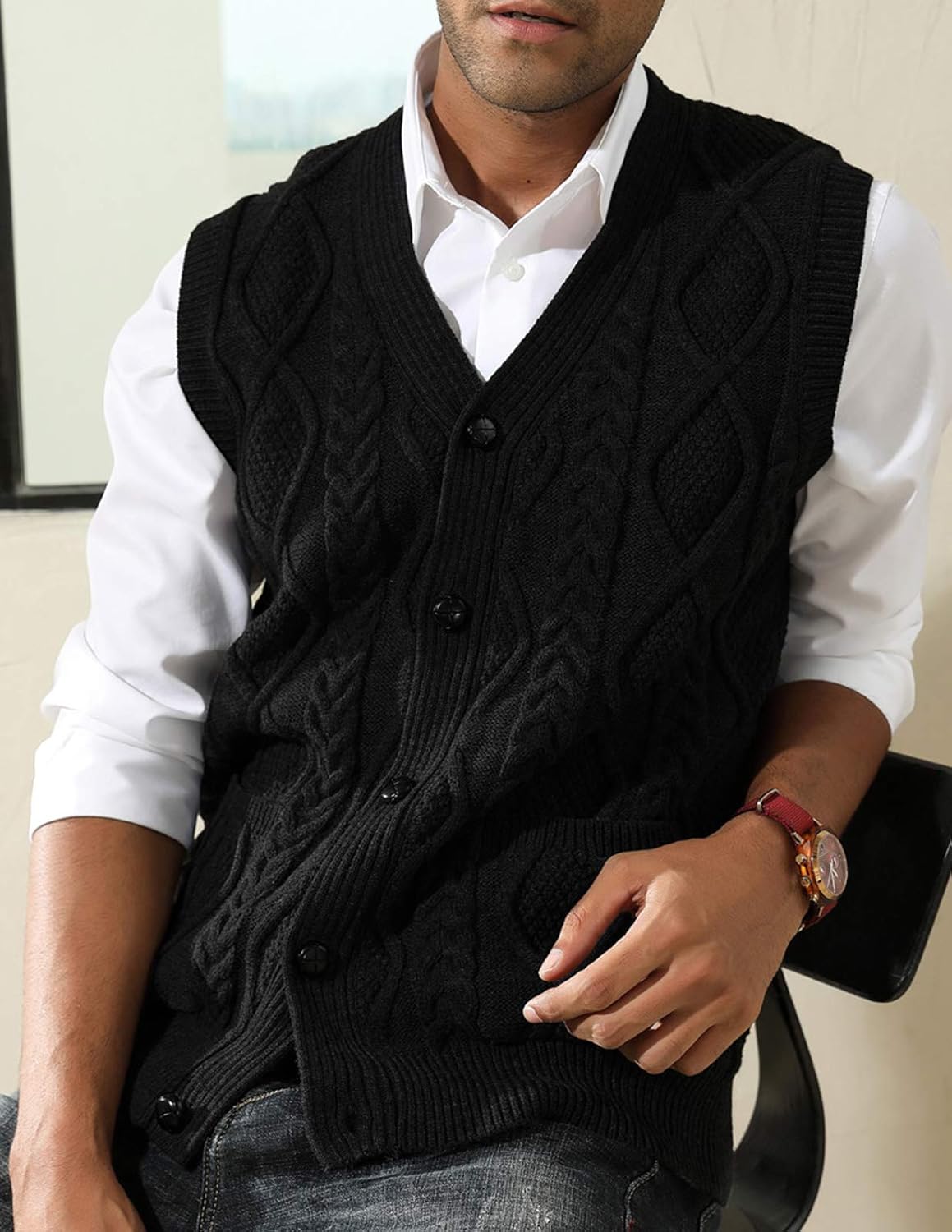 PJ PAUL JONES Men's Sweater Vest V-Neck Sleeveless Cable Knitted Cardigan Vest - Image 2