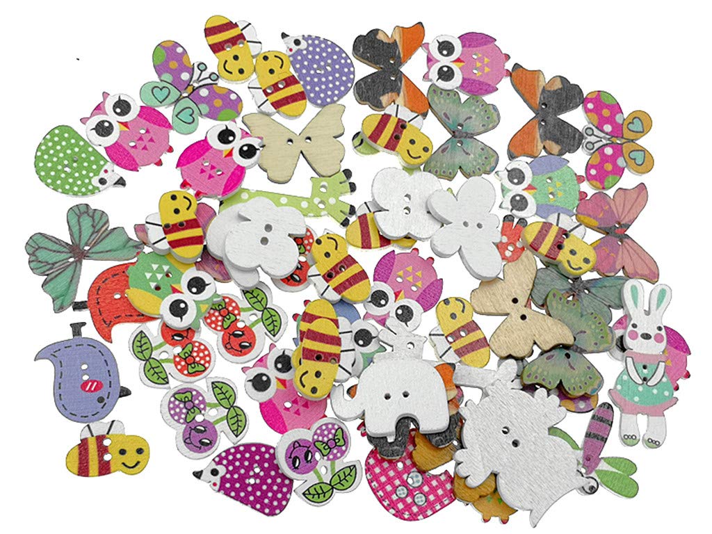 Kinteshun 100pcs Wooden Buttons - Assorted Cartoon Animal Prints, 2-Hole, Natural Wood For Sewing & Crafts - View #8