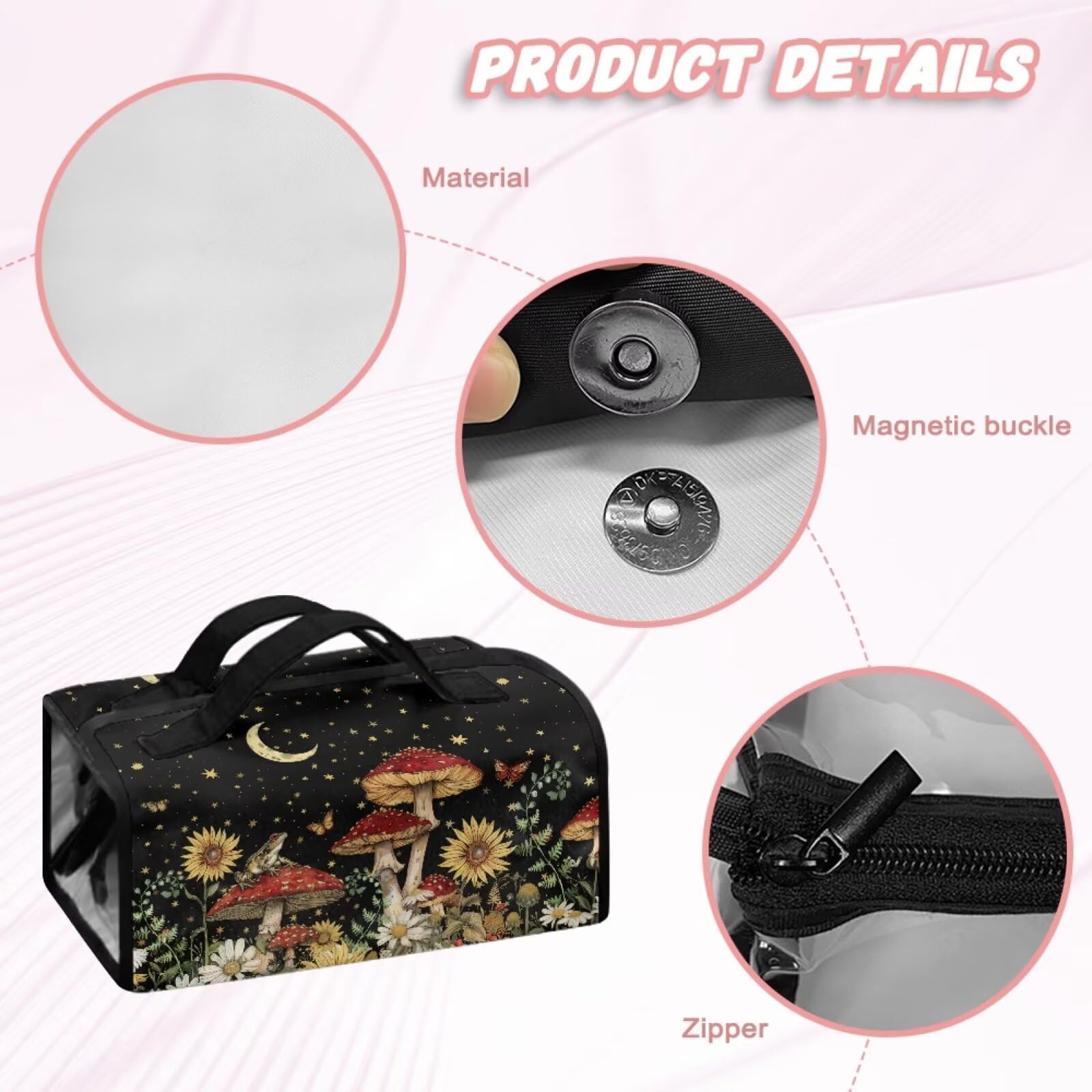 Dngkaoje Mushroom Hanging Roll Up Makeup Bags for Women Cute Toiletry Travel Bag Hanging Cosmetic Bag Wash Bag Large Capacity Toiletry Bags Mushroom Print Cosmetic Bags 4-in-1 Foldable Makeup Bag - Image 3