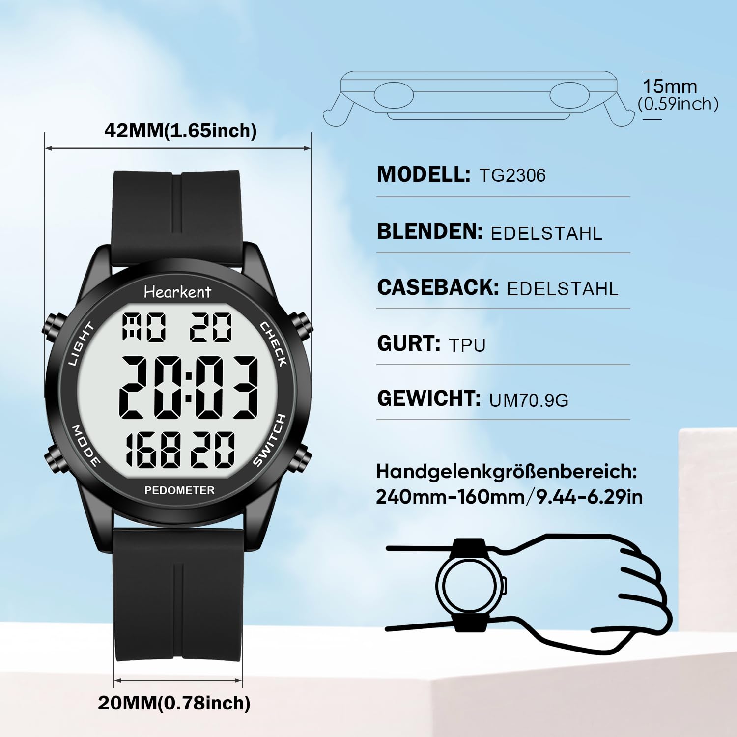 Hearkent Contapassi orologio senza Bluetooth, senza app contapassi, orologio impermeabile da 30 m, con numeri grandi LCD, contapassi per anziani, con conto alla rovescia, sveglia, contapassi