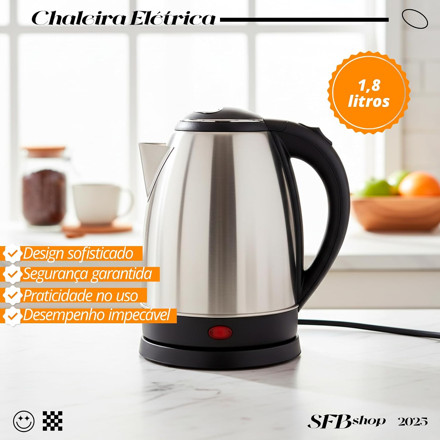 Chaleira Elétrica Jarra Inox 1,8 Litros 127v Desligamento Automático E Luz Indicadora, Ferve Água Rápido Para Chás, Cafés E Chimarrão 127v