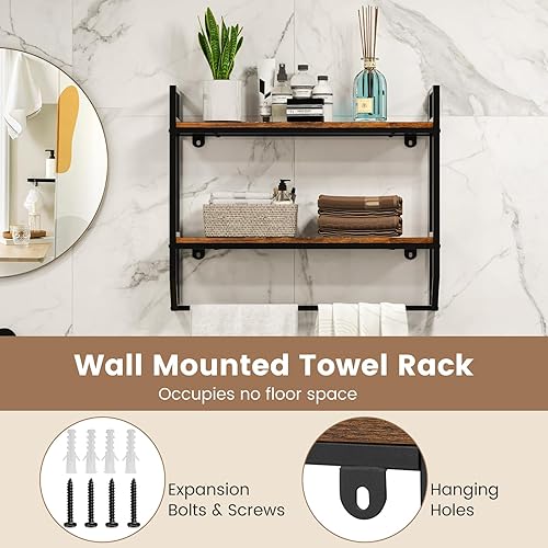 Miniatura 5 de Giantex Estantes de baño montados en la pared con toallero, organizador de almacenamiento industrial de 2 niveles sobre el inodoro con marco