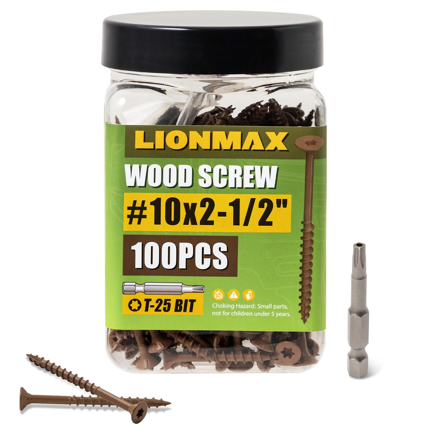 LIONMAX Tornillos para madera de 2-1/2 pulgadas, tornillos de cubierta #10 x 2-1/2 pulgadas, 100 unidades, resistentes a la corrosión, revestimiento epoxi, tornillo de madera exterior, tornillos de
