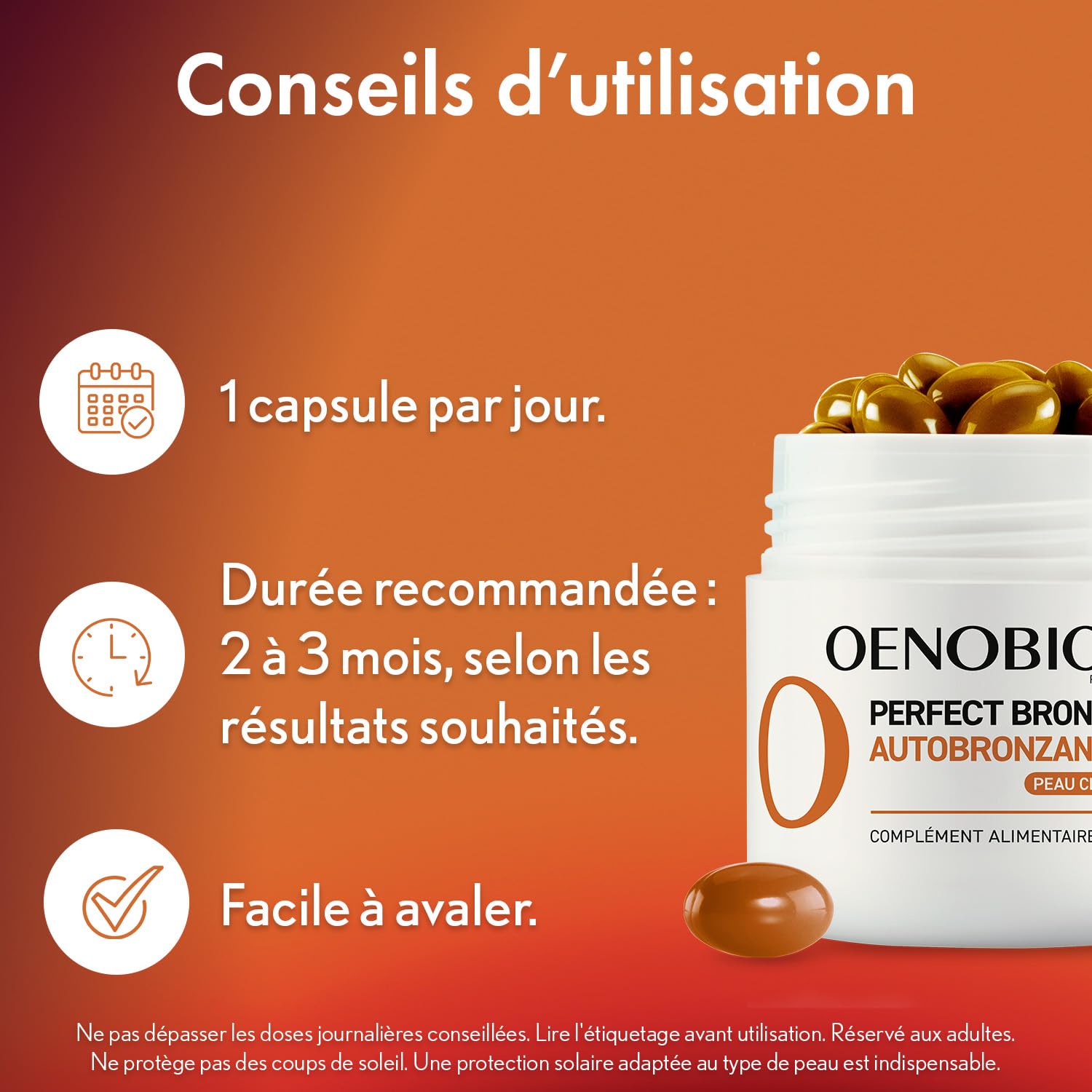 Oenobiol Autobronzant Peau Claire Perfect Bronze - Efficace Dès Le 1er mois sans soleil - Concentration de 5 pigments 100% d'origine végétale - Complément Alimentaire 2X30 Capsules - Programme 2 Mois